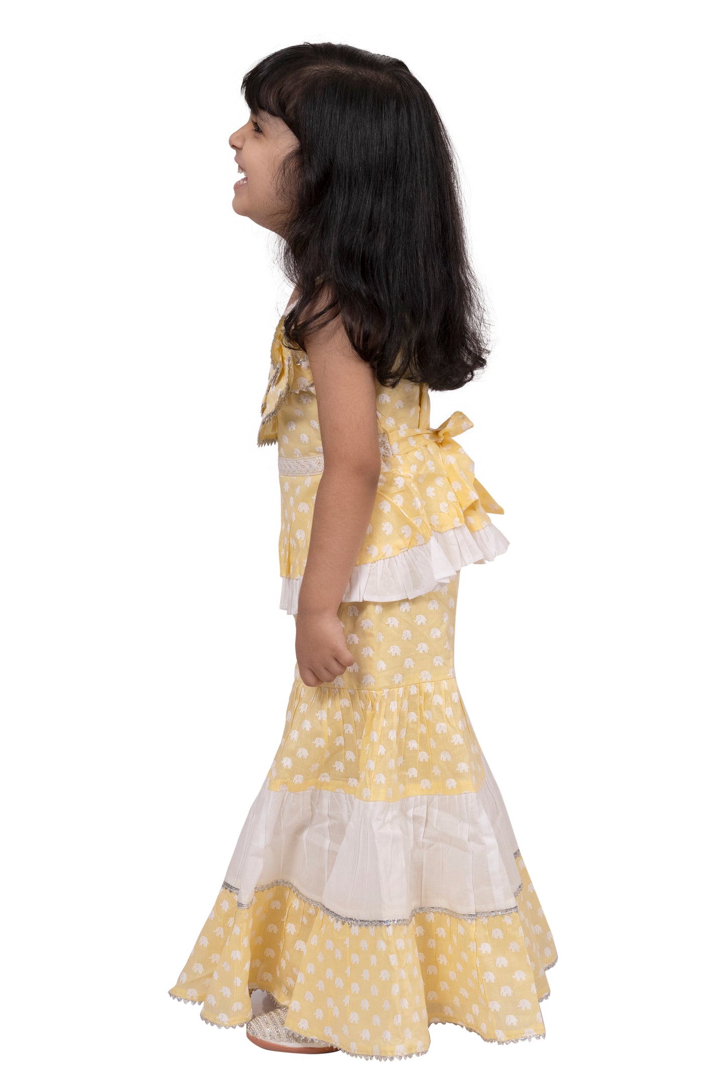 Twisha Cotton Sleeveless elephant Printed Top with Sharara - Yellow & White