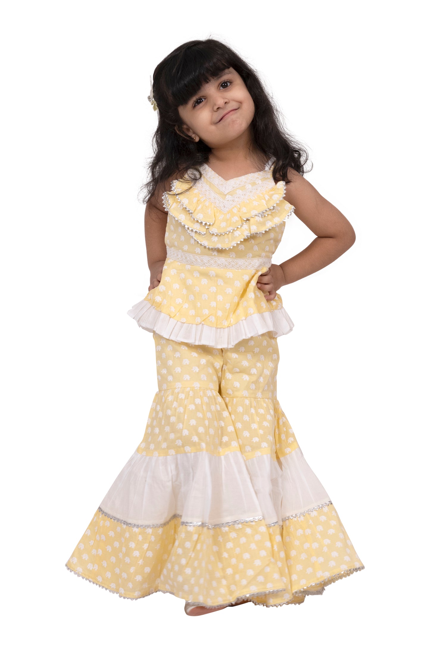 Twisha Cotton Sleeveless elephant Printed Top with Sharara - Yellow & White