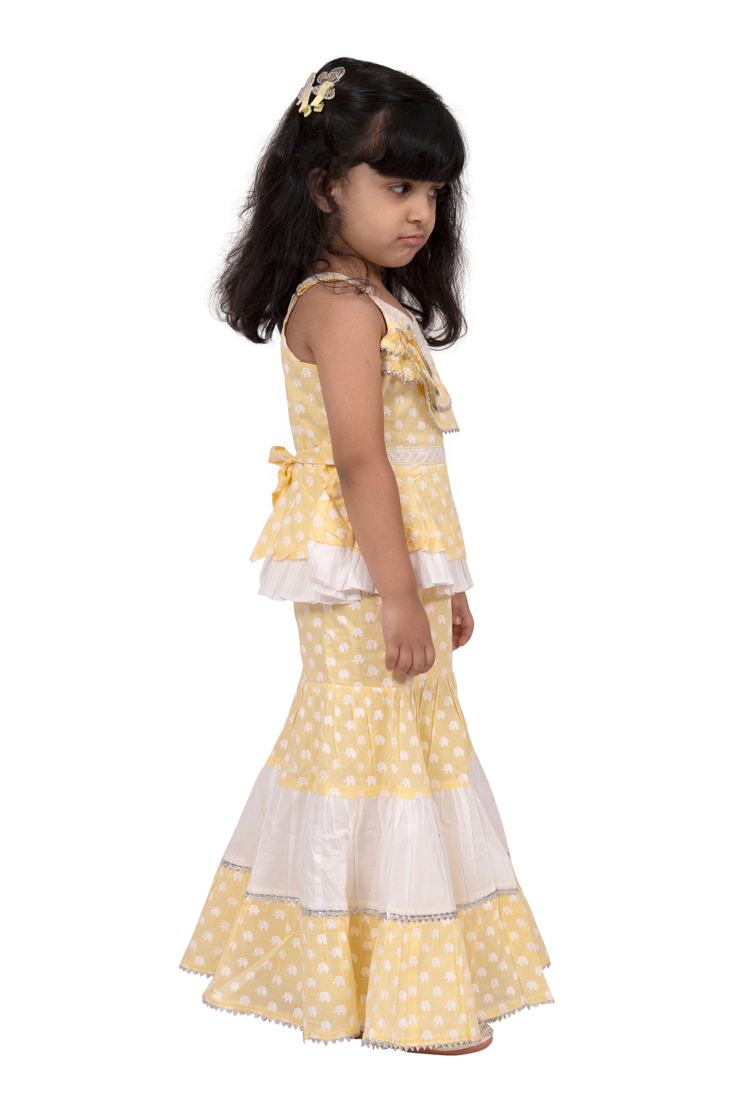 Twisha Cotton Sleeveless elephant Printed Top with Sharara - Yellow & White