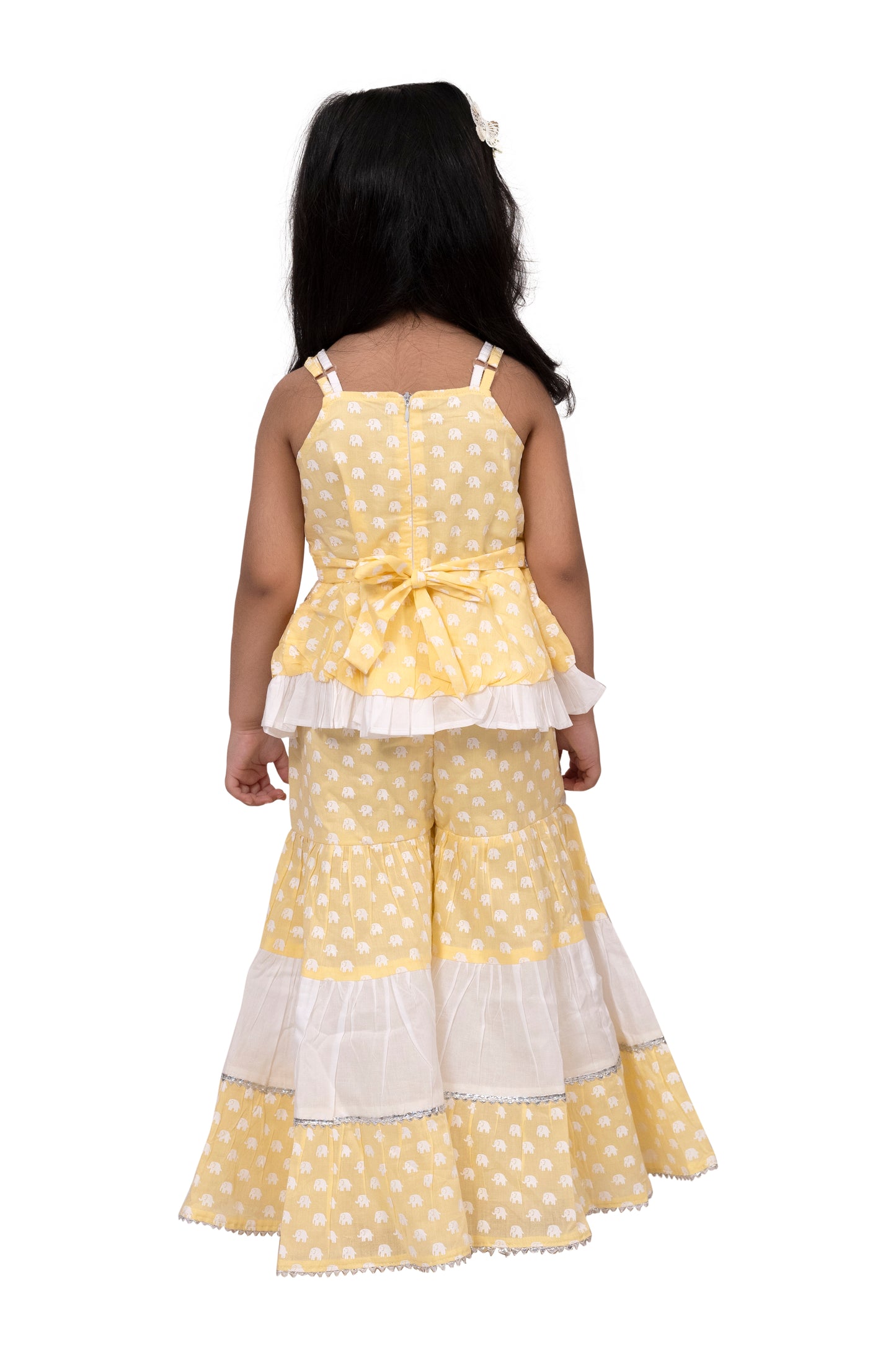 Twisha Cotton Sleeveless elephant Printed Top with Sharara - Yellow & White