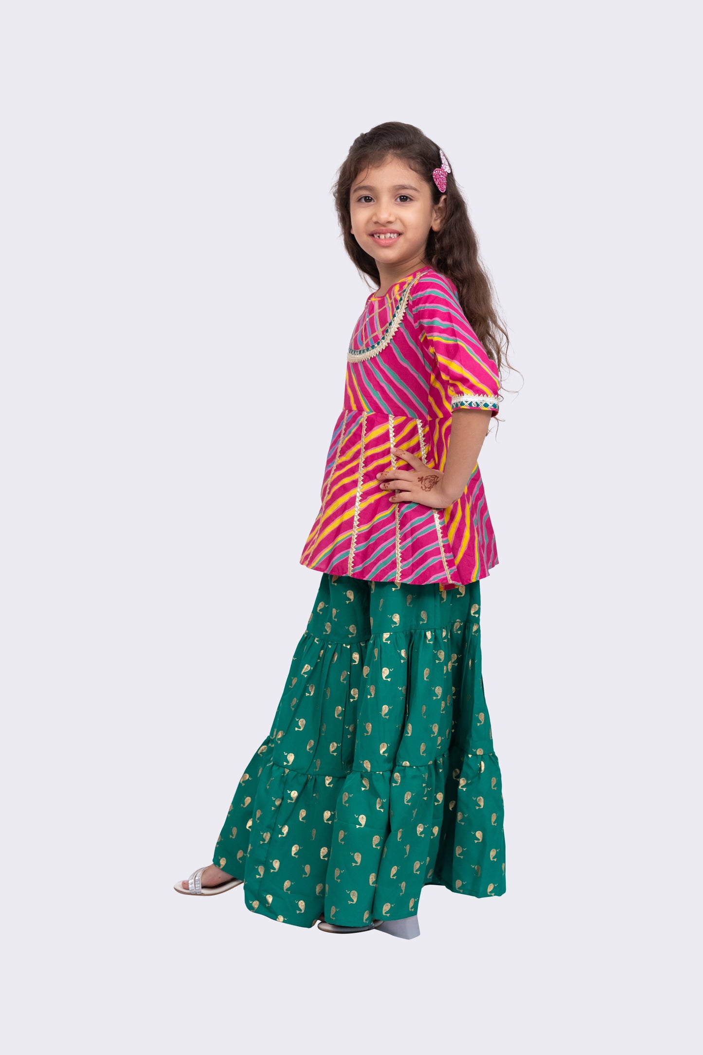 Twisha Cotton 3/4Sleeves Leheriya Printed Top with Sharara - Pink & Green