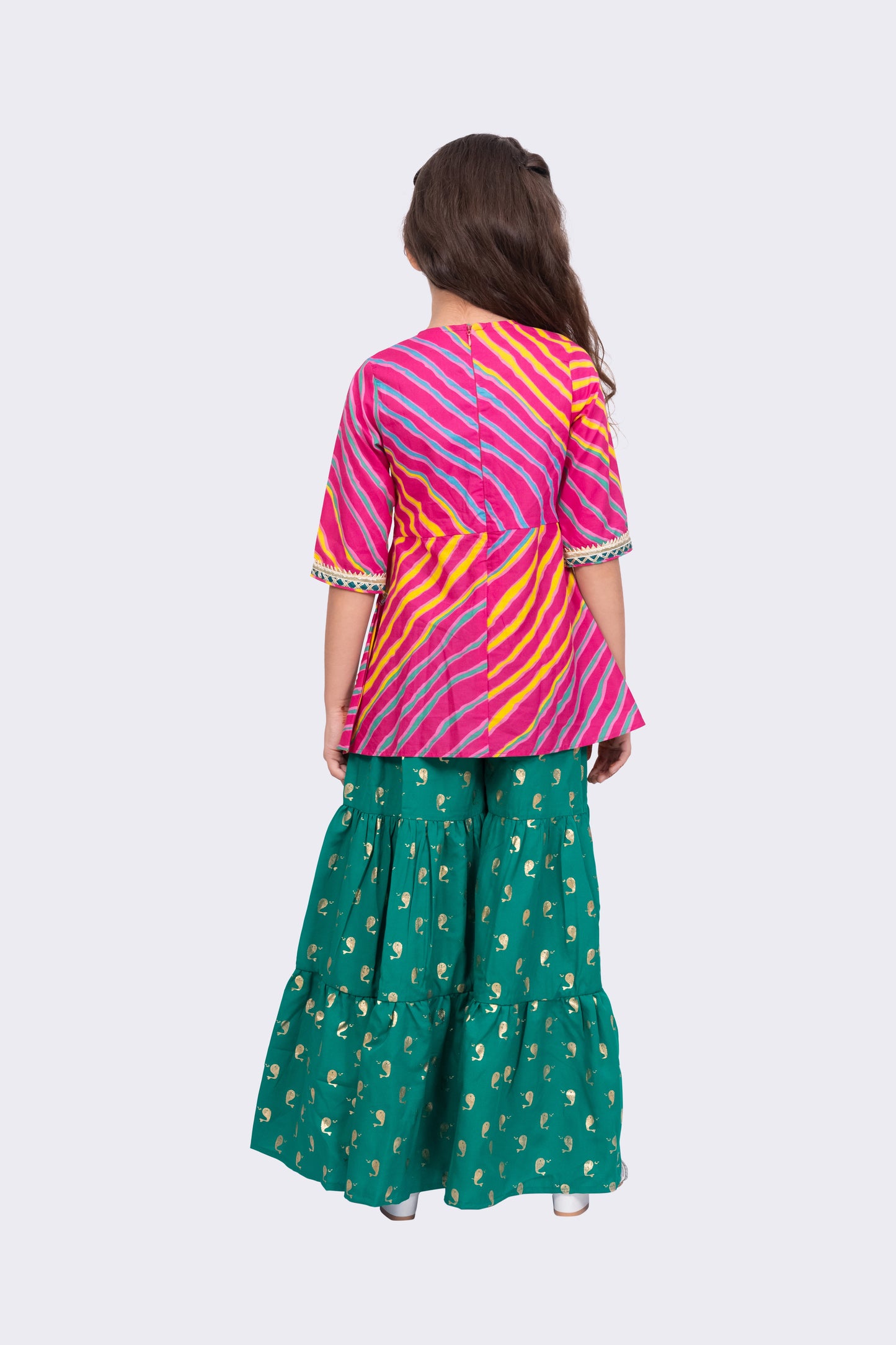 Twisha Cotton 3/4Sleeves Leheriya Printed Top with Sharara - Pink & Green