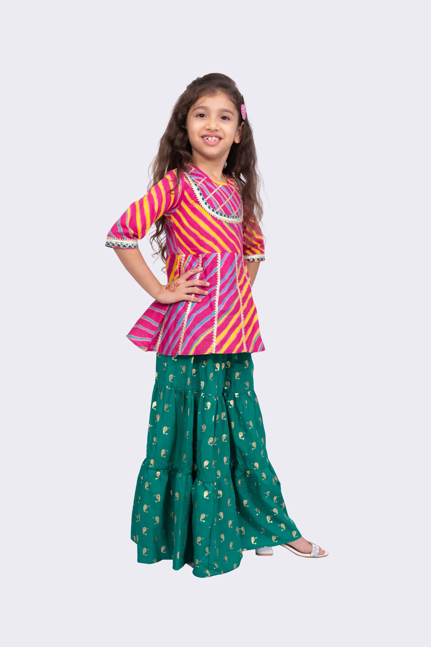 Twisha Cotton 3/4Sleeves Leheriya Printed Top with Sharara - Pink & Green