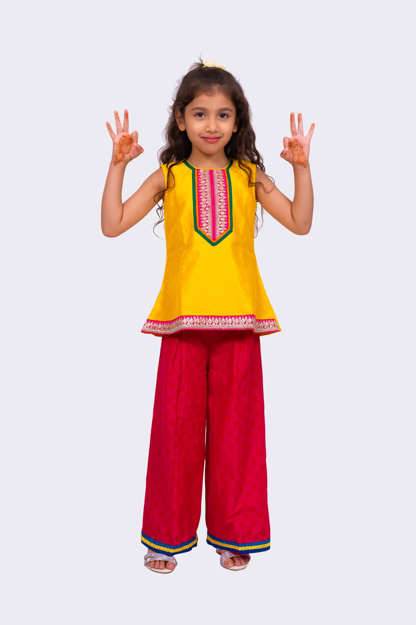 Twisha Sleeveless Embellished Top with Palazzo -Yellow & Pink
