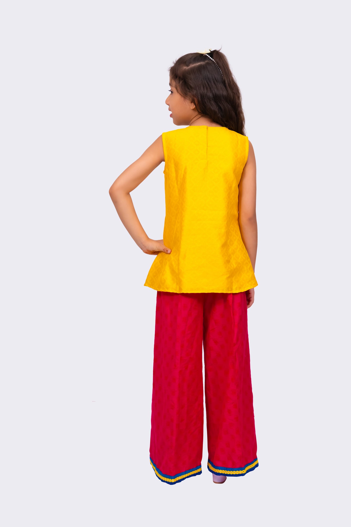 Twisha Sleeveless Embellished Top with Palazzo -Yellow & Pink