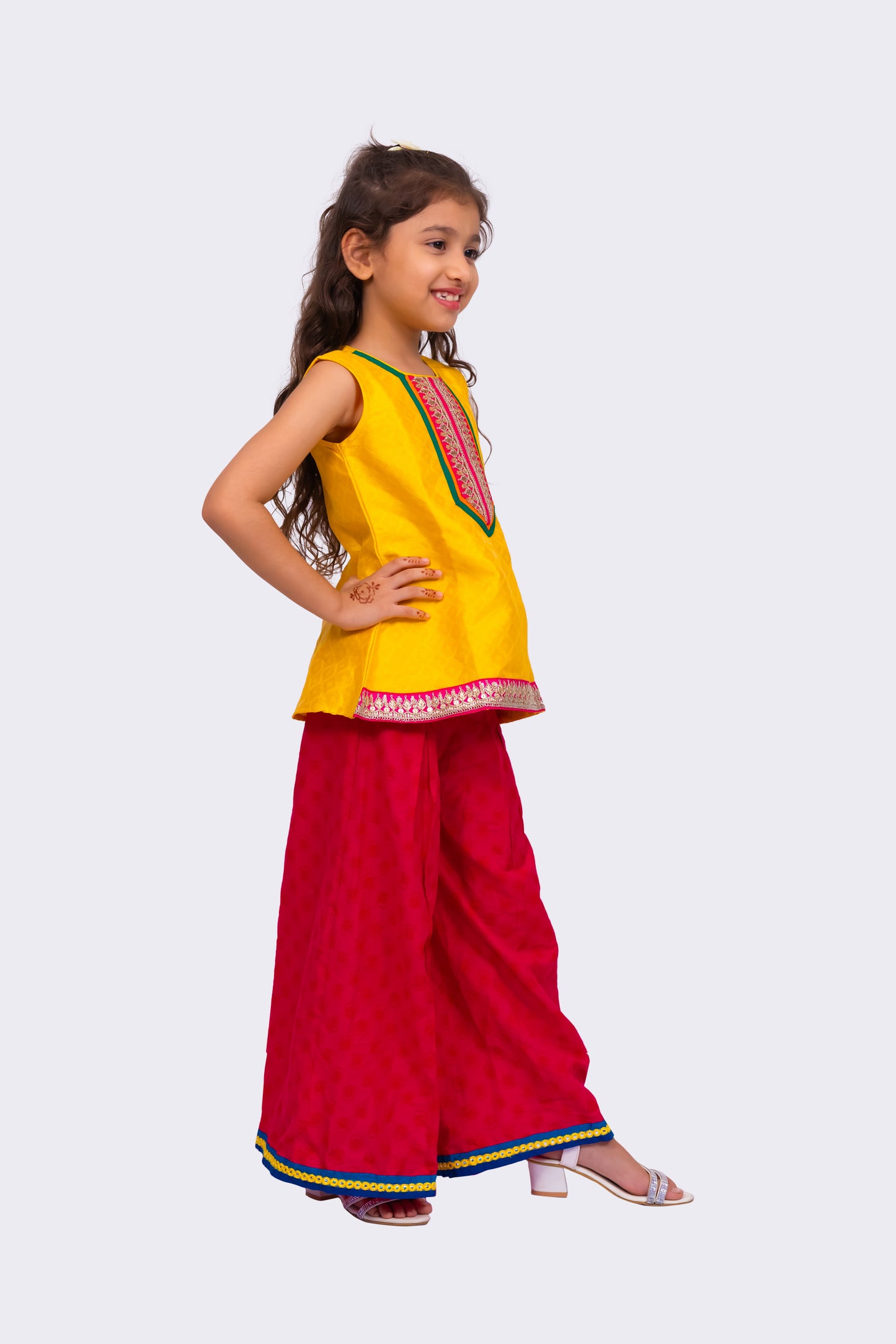 Twisha Sleeveless Embellished Top with Palazzo -Yellow & Pink