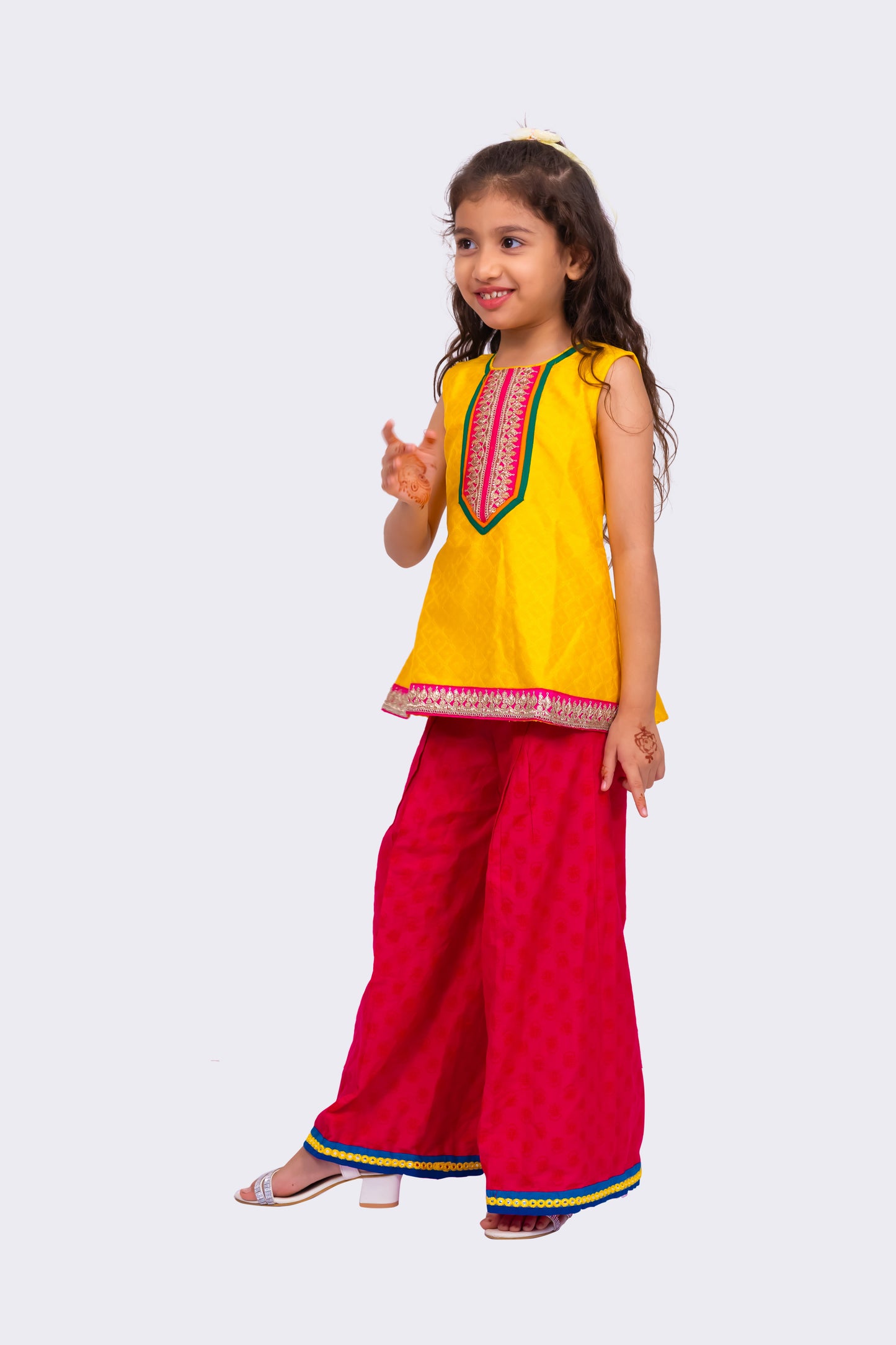 Twisha Sleeveless Embellished Top with Palazzo -Yellow & Pink