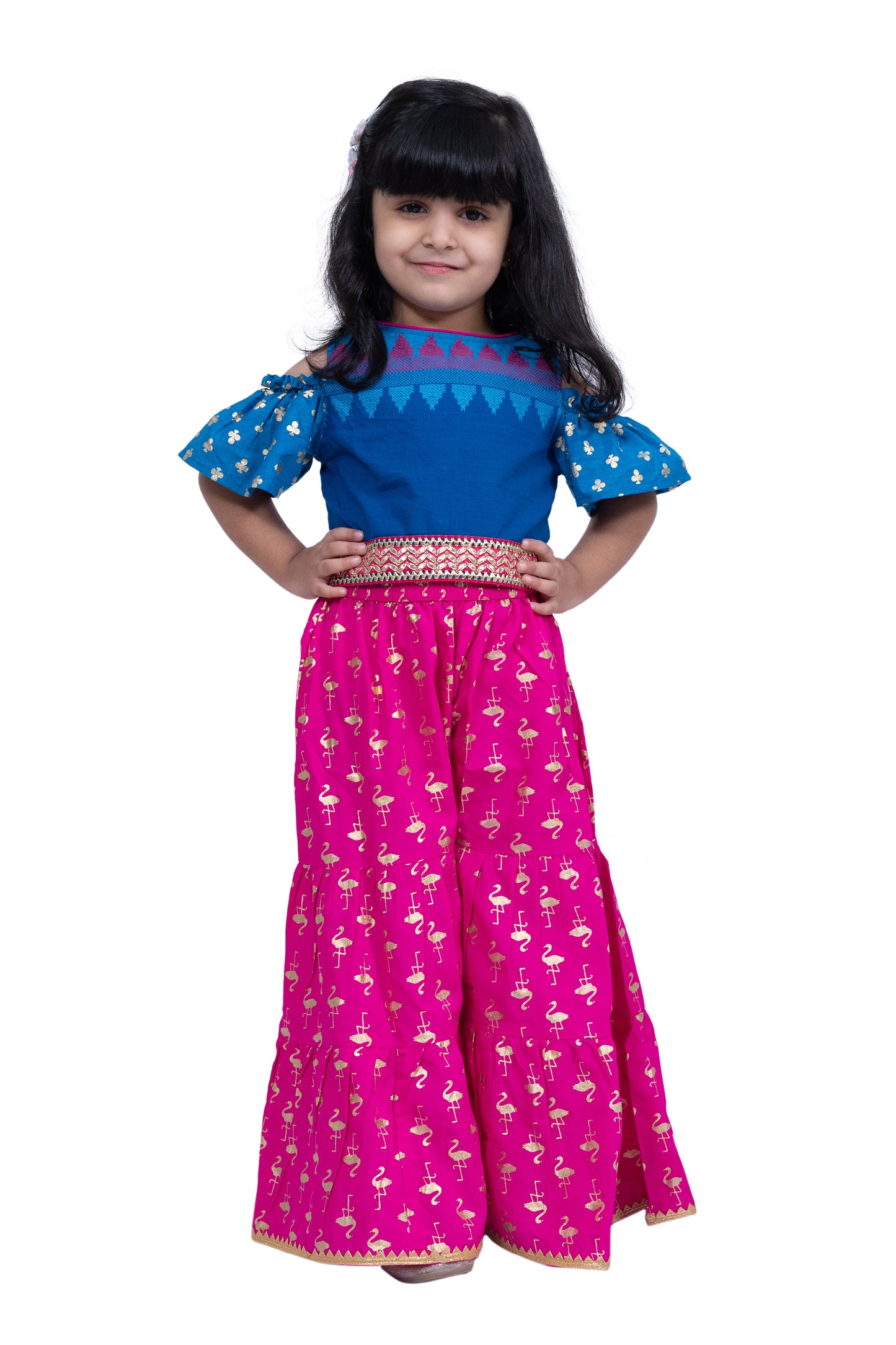 Twisha Cotton Cold Shoulder Half n Half Bordered Top With Sharara - Blue & Pink
