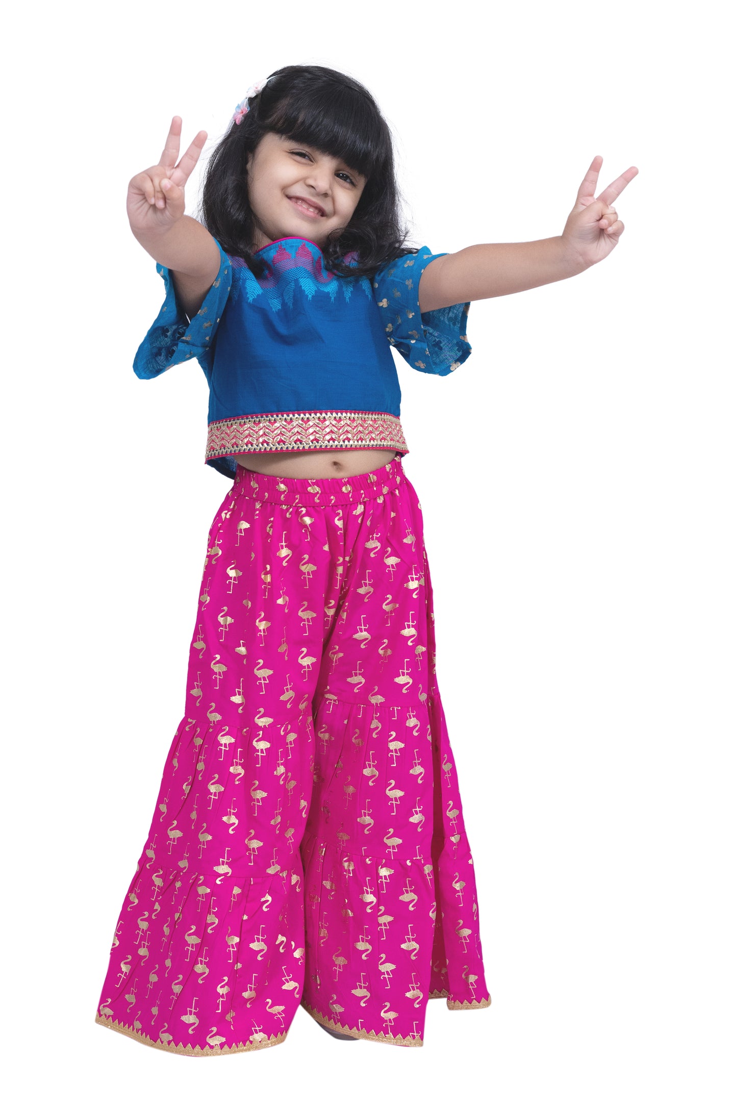 Twisha Cotton Cold Shoulder Half n Half Bordered Top With Sharara - Blue & Pink
