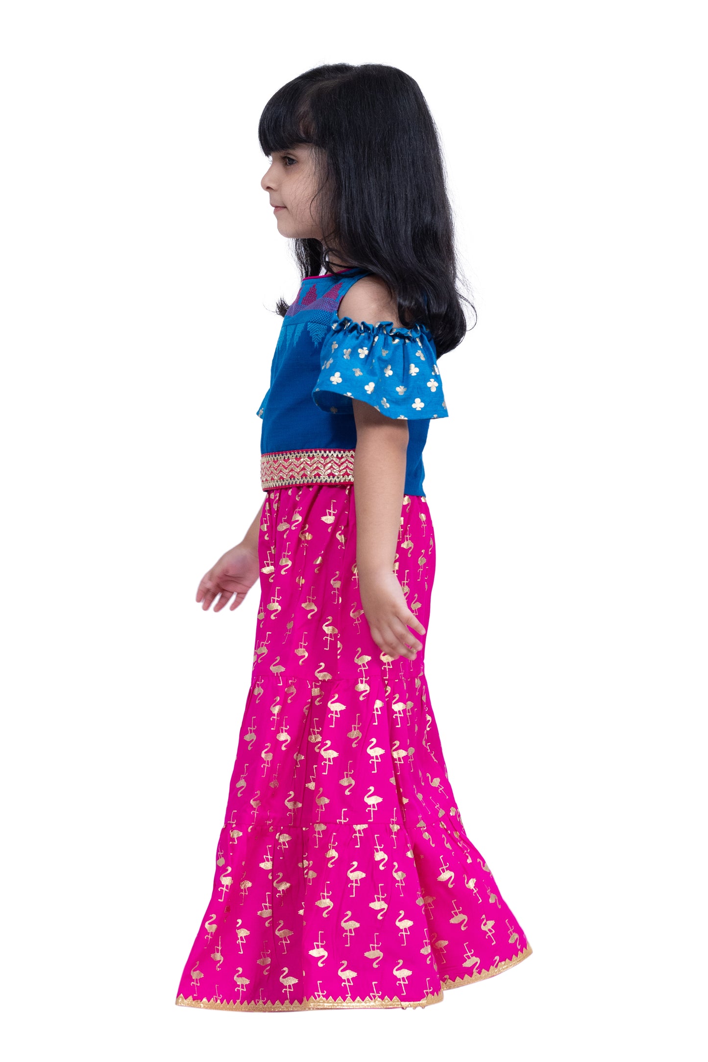 Twisha Cotton Cold Shoulder Half n Half Bordered Top With Sharara - Blue & Pink