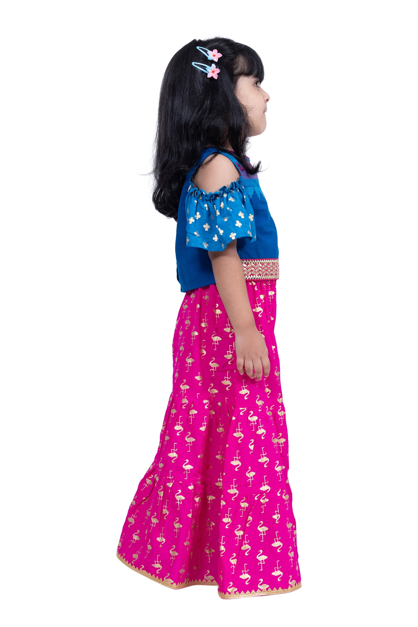 Twisha Cotton Cold Shoulder Half n Half Bordered Top With Sharara - Blue & Pink