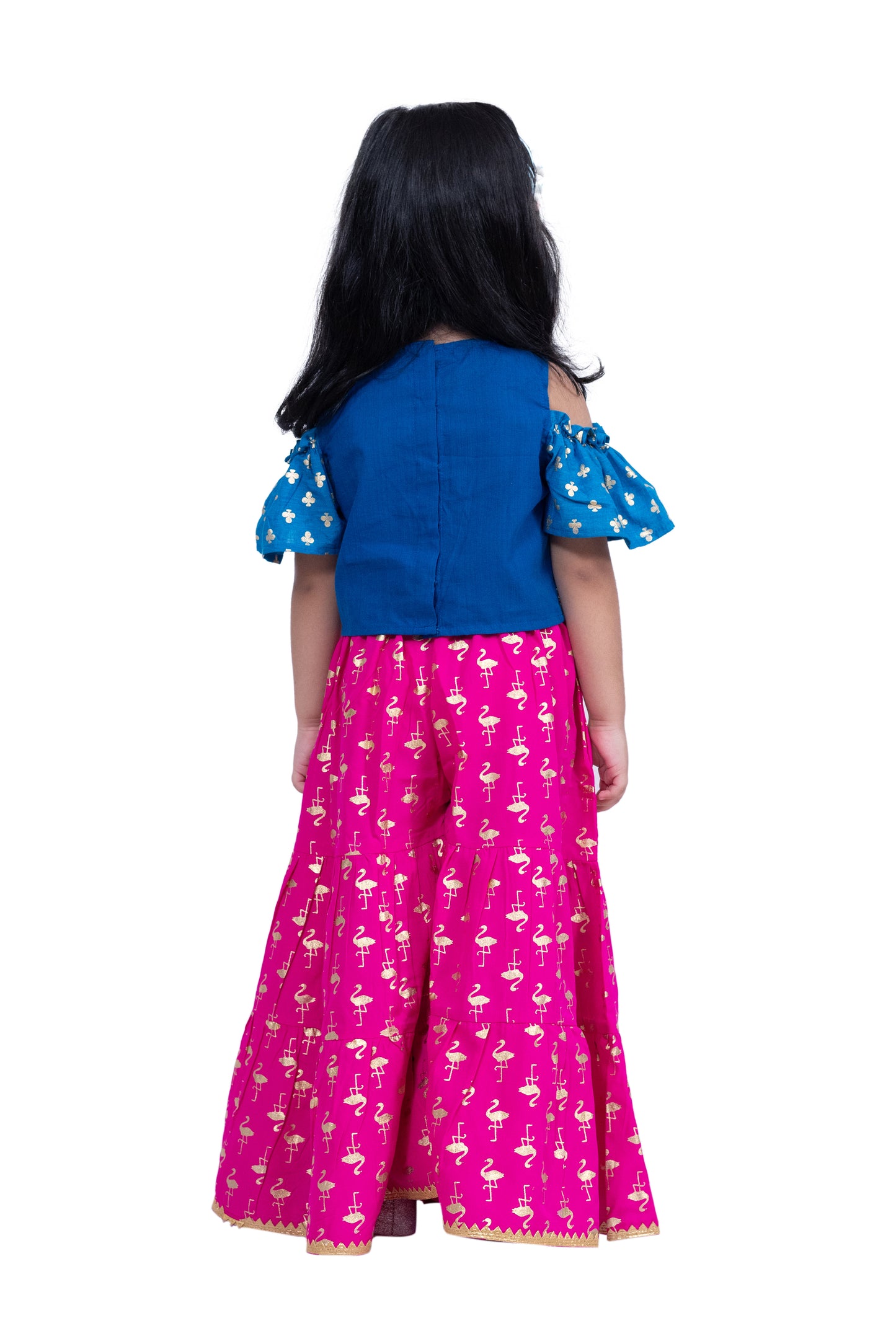 Twisha Cotton Cold Shoulder Half n Half Bordered Top With Sharara - Blue & Pink