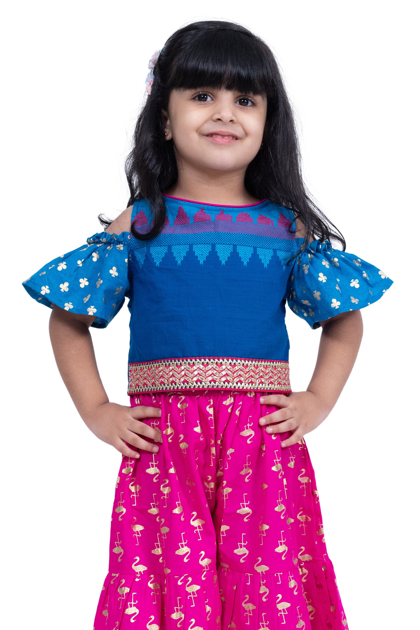 Twisha Cotton Cold Shoulder Half n Half Bordered Top With Sharara - Blue & Pink