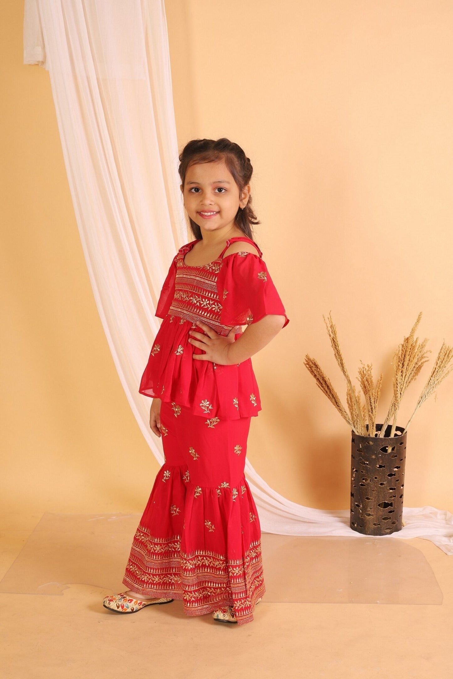 Twisha Girls Embroidered Top With Embroidered Palazzo - Red