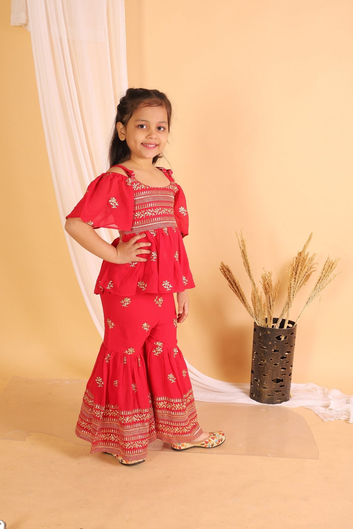 Twisha Girls Embroidered Top With Embroidered Palazzo - Red