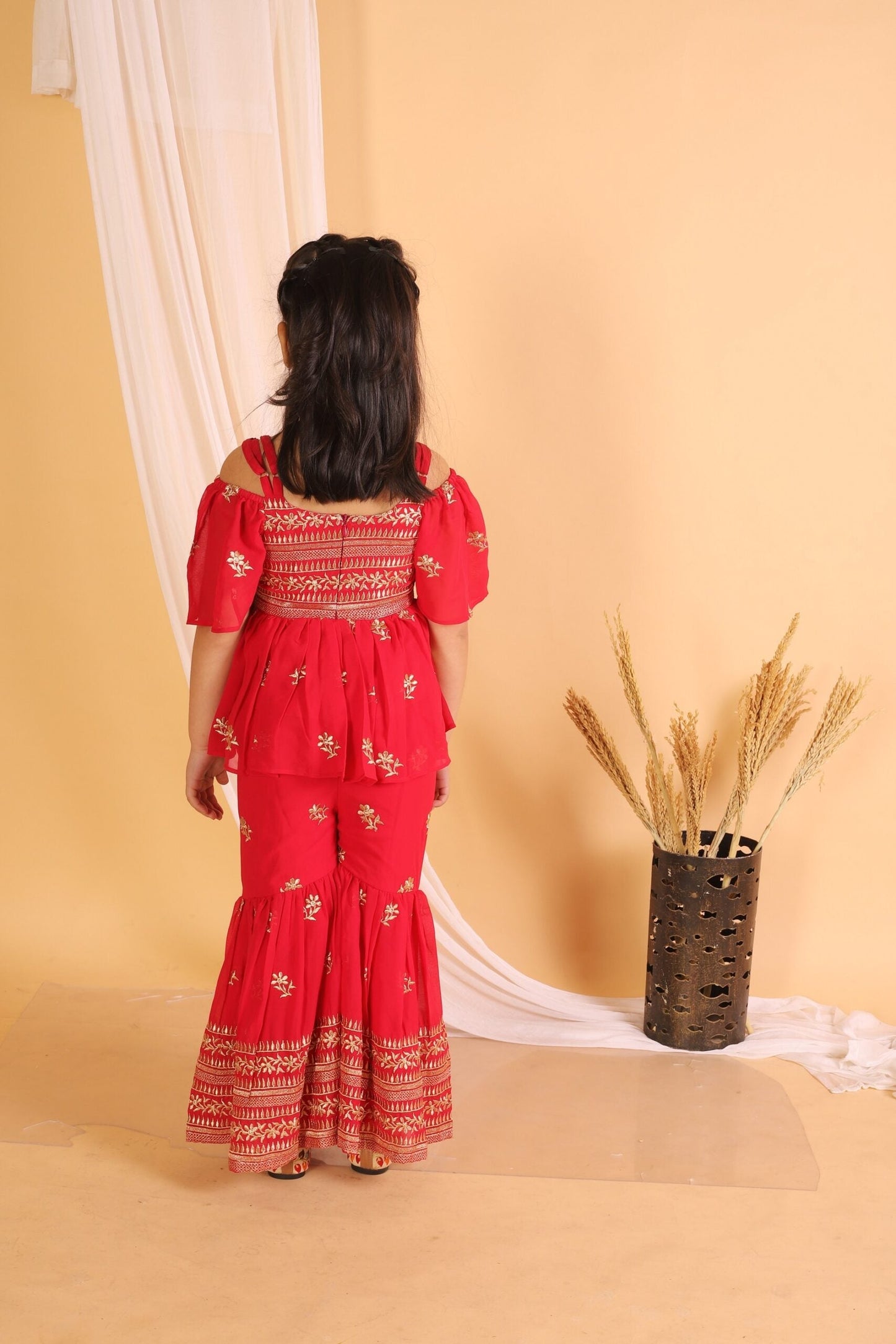 Twisha Girls Embroidered Top With Embroidered Palazzo - Red
