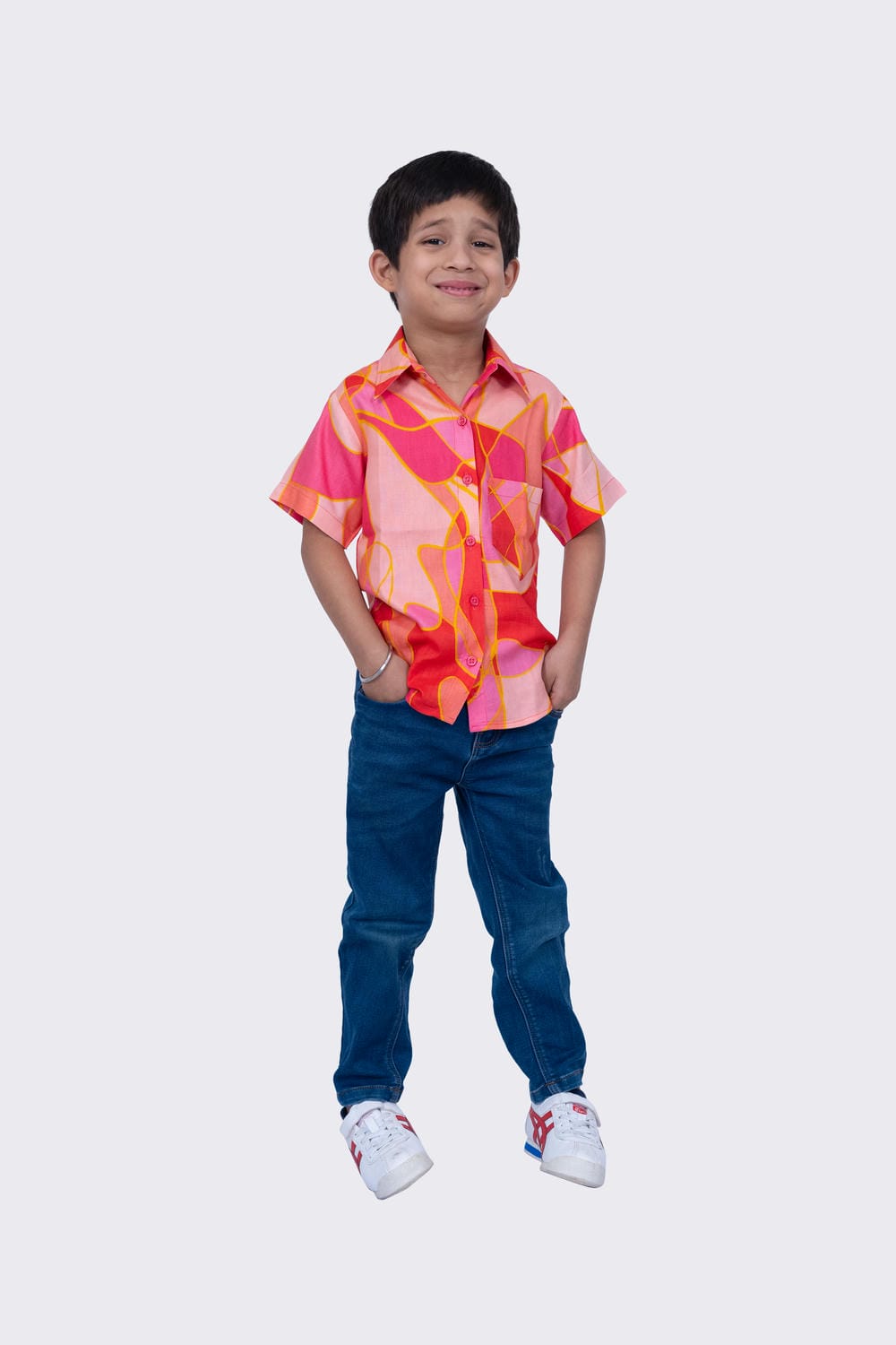 Twisha Boy's Half Sleeves Cotton Geometric Print Shirt -Coral