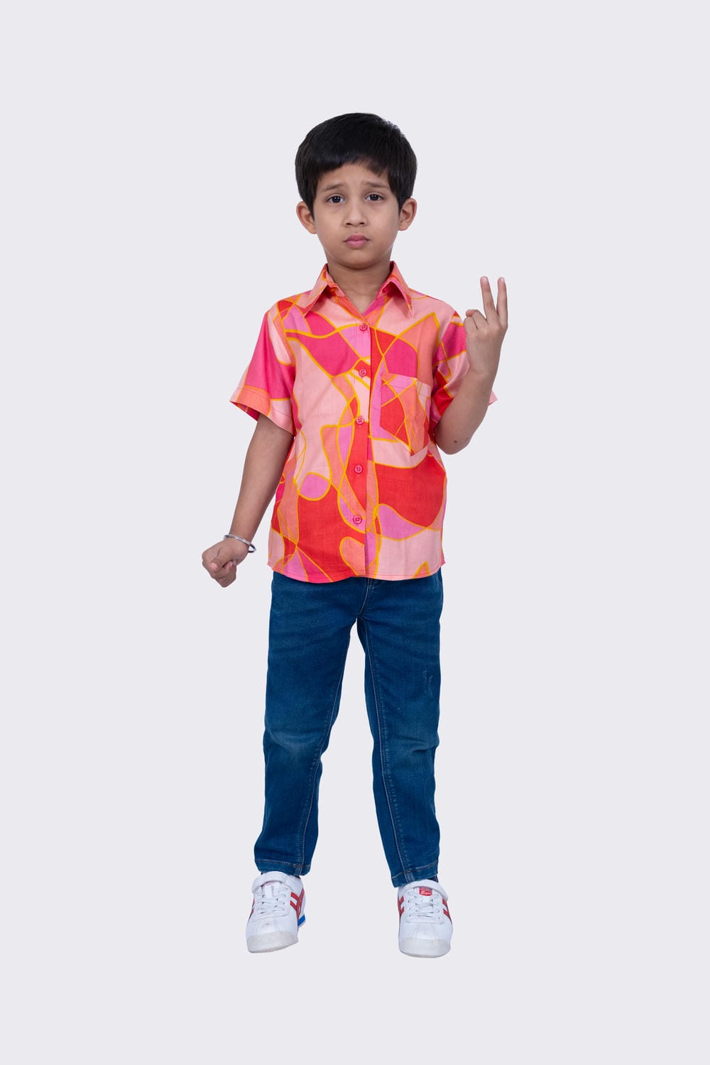 Twisha Boy's Half Sleeves Cotton Geometric Print Shirt -Coral