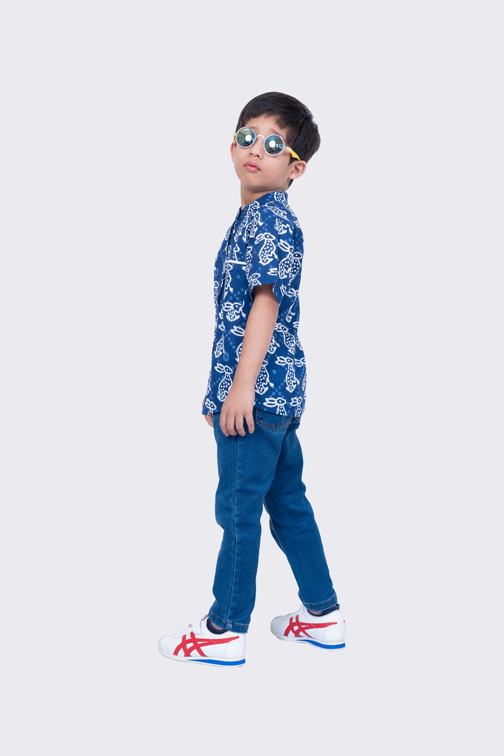 Twisha Boy's Half Sleeve Rabbit Printed Cotton Shirt -Indigo