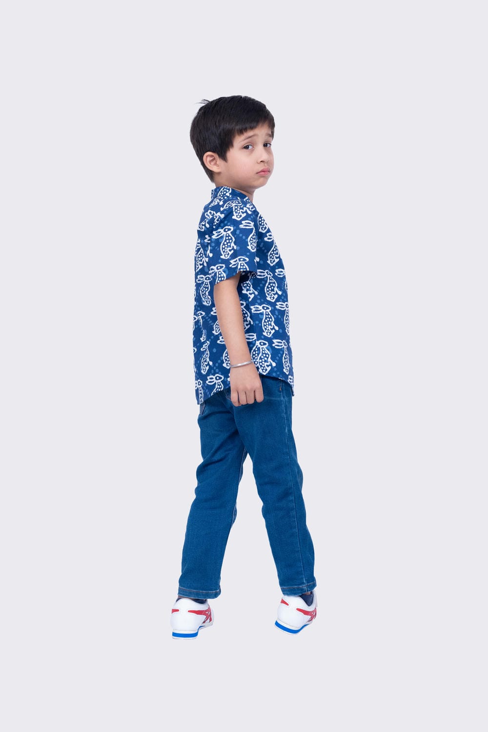 Twisha Boy's Half Sleeve Rabbit Printed Cotton Shirt -Indigo