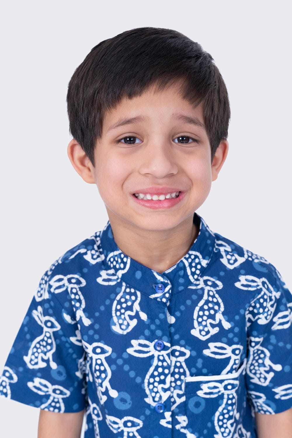 Twisha Boy's Half Sleeve Rabbit Printed Cotton Shirt -Indigo