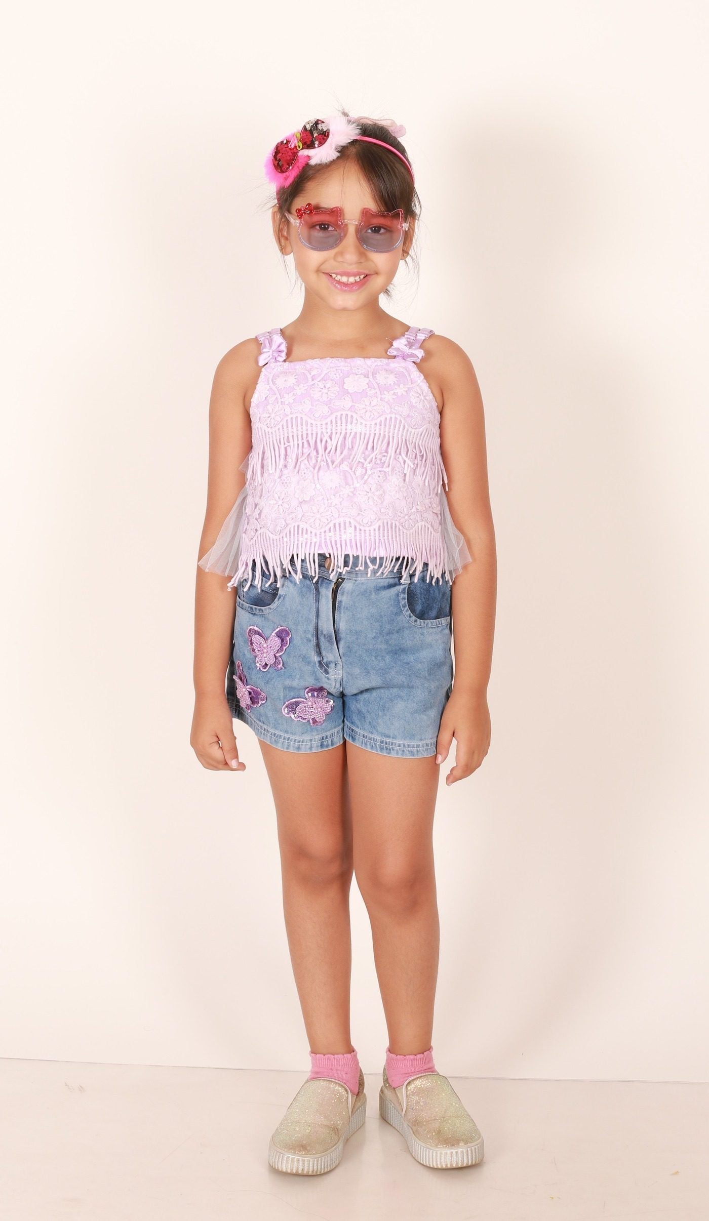 Twisha Girls Designer Sequin Top & The Denim Shorts Embellished With Beautiful Butterfly Patches - Mauve & Blue