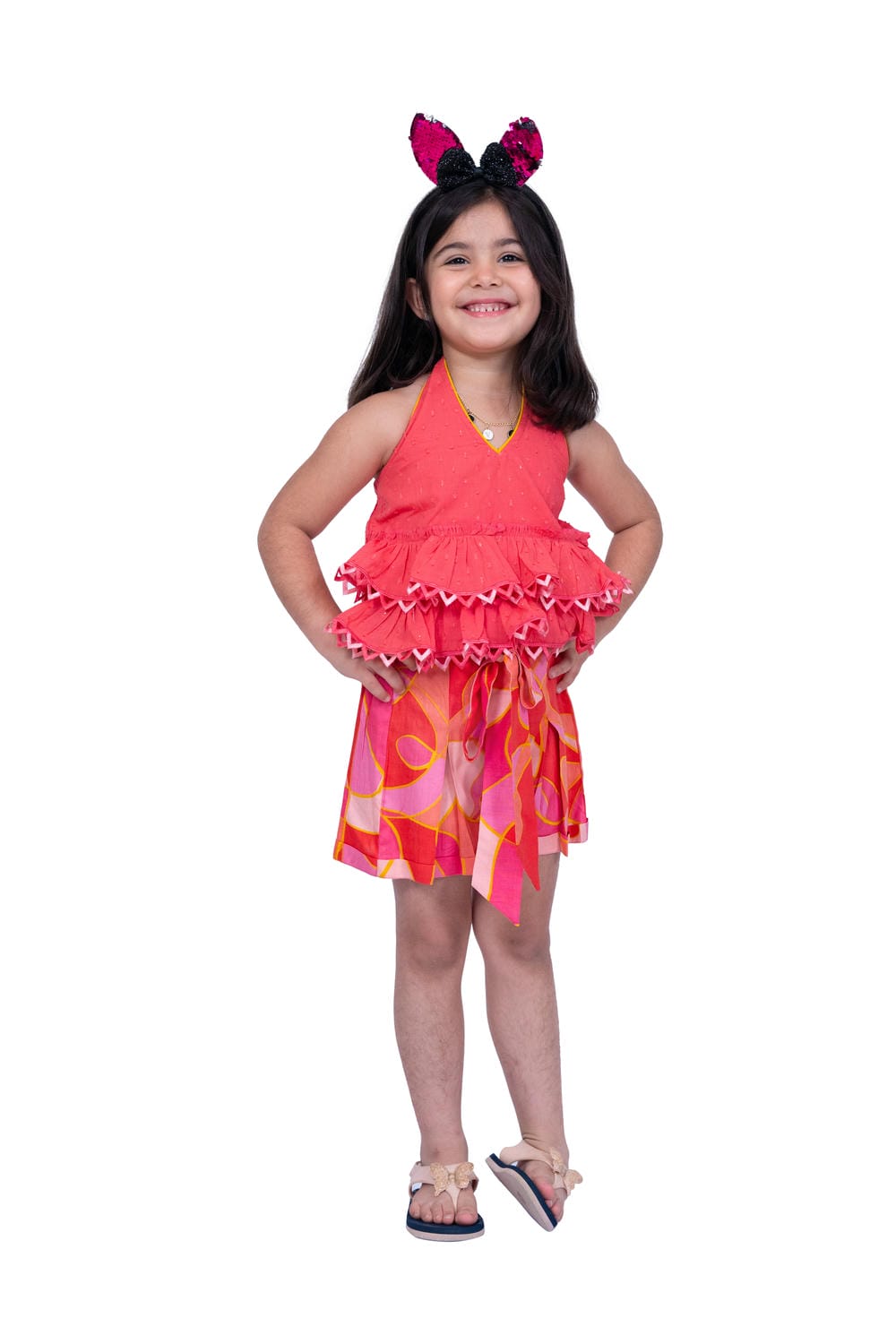 Twisha Girl's Halter Neck Cotton Frilled Top and Geometric Shorts - Coral
