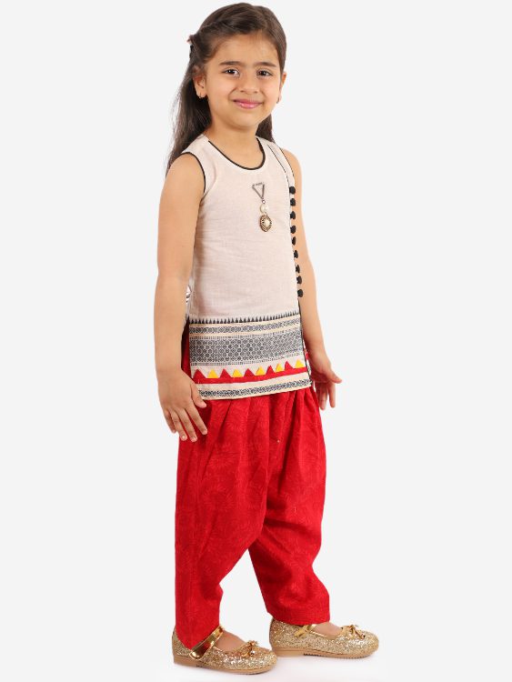 Twisha Girls potlis embellished Kurta Salwar and Dupatta set-White and Red