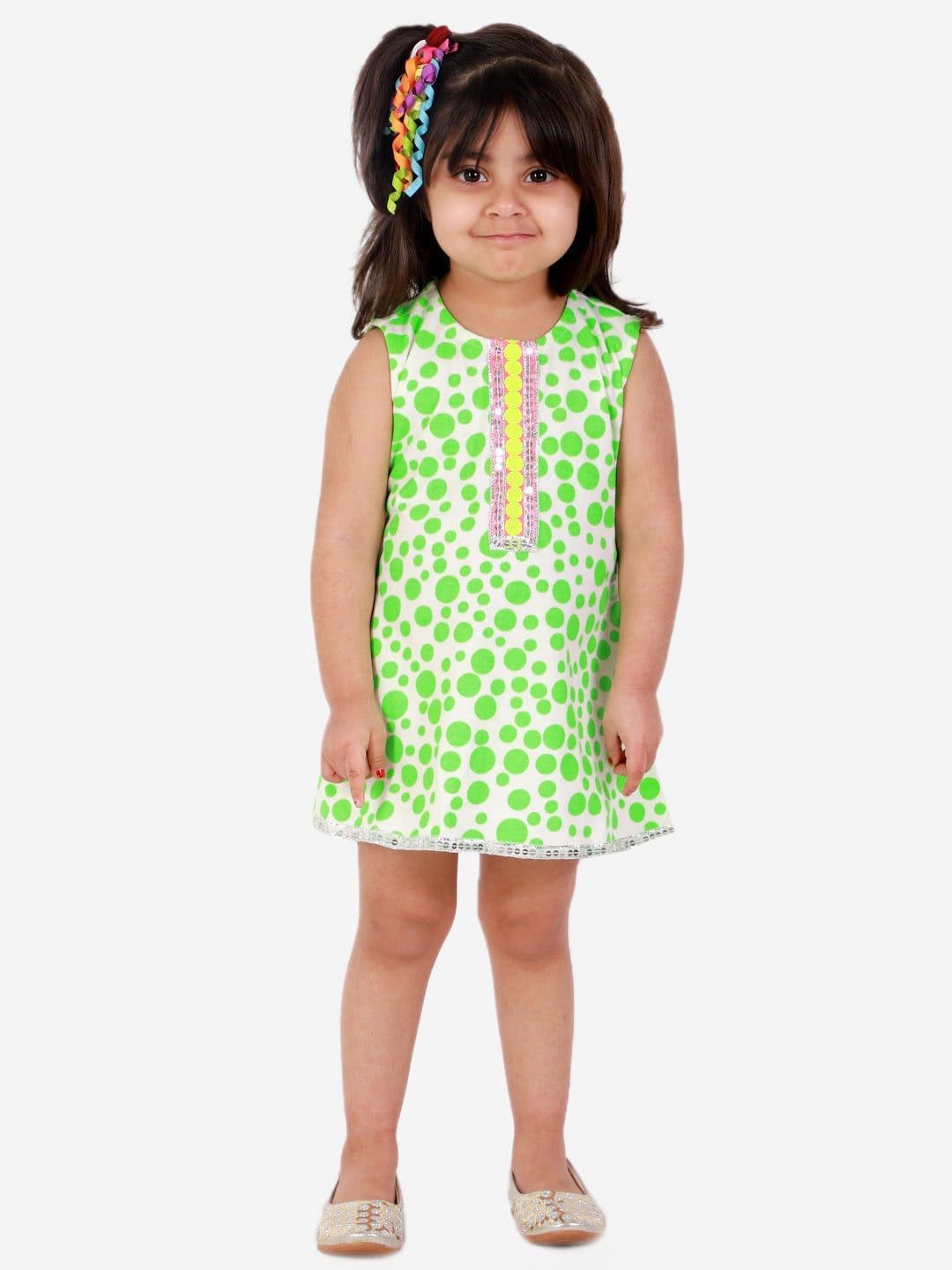 Dotted Girls A- Line Dress White And Green