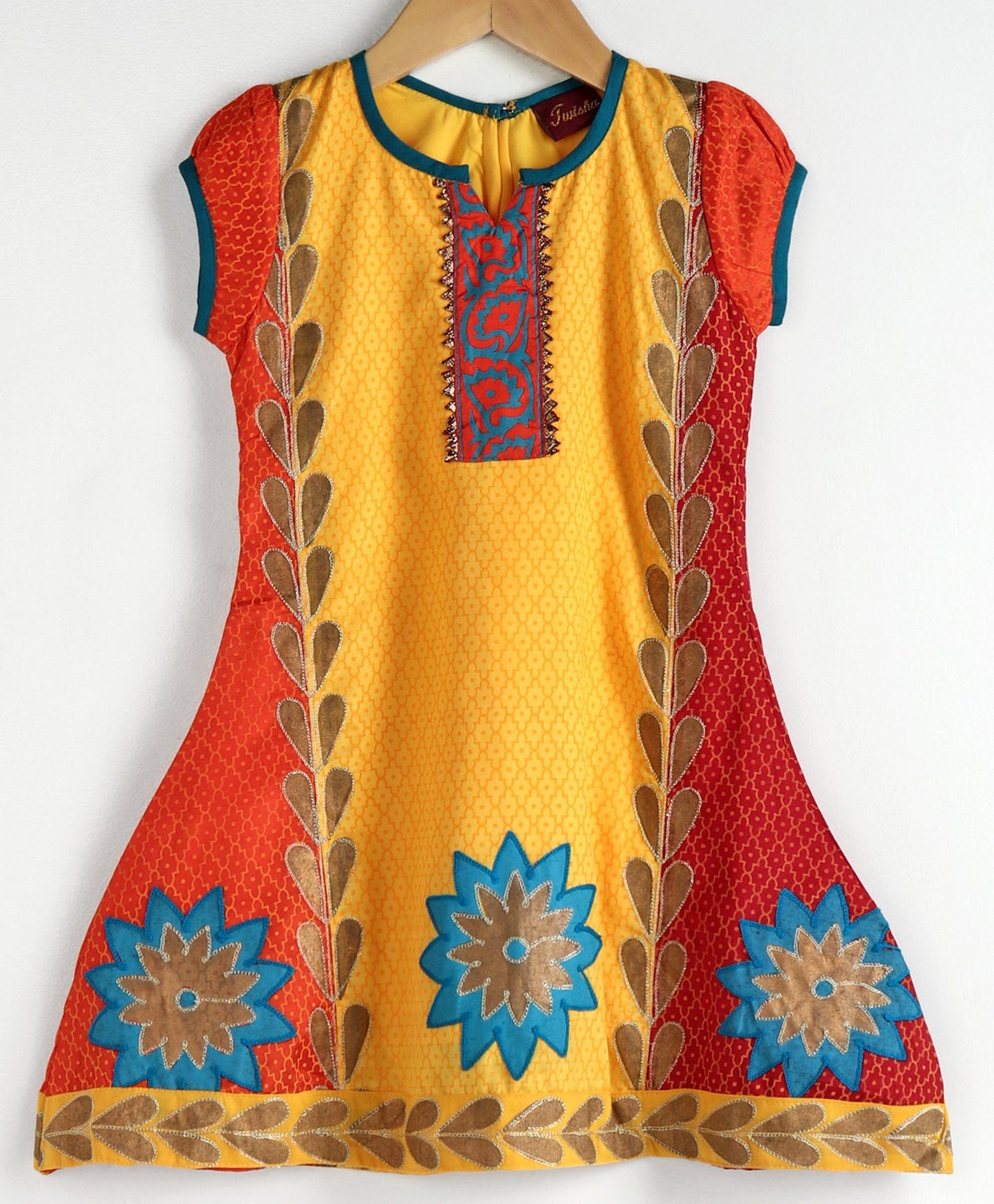 Girls Trendy And Fashionable Color Block Kurta & Churidar With Dupatta- Mustard & Orange