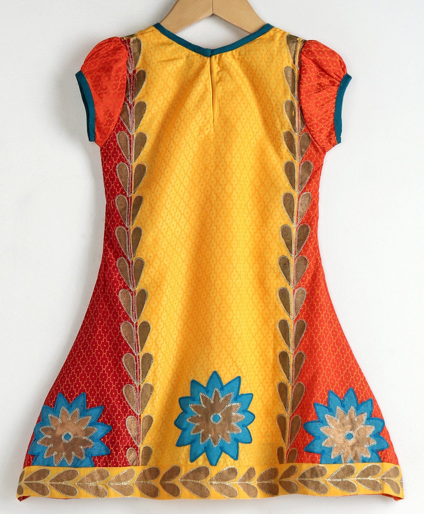 Girls Trendy And Fashionable Color Block Kurta & Churidar With Dupatta- Mustard & Orange