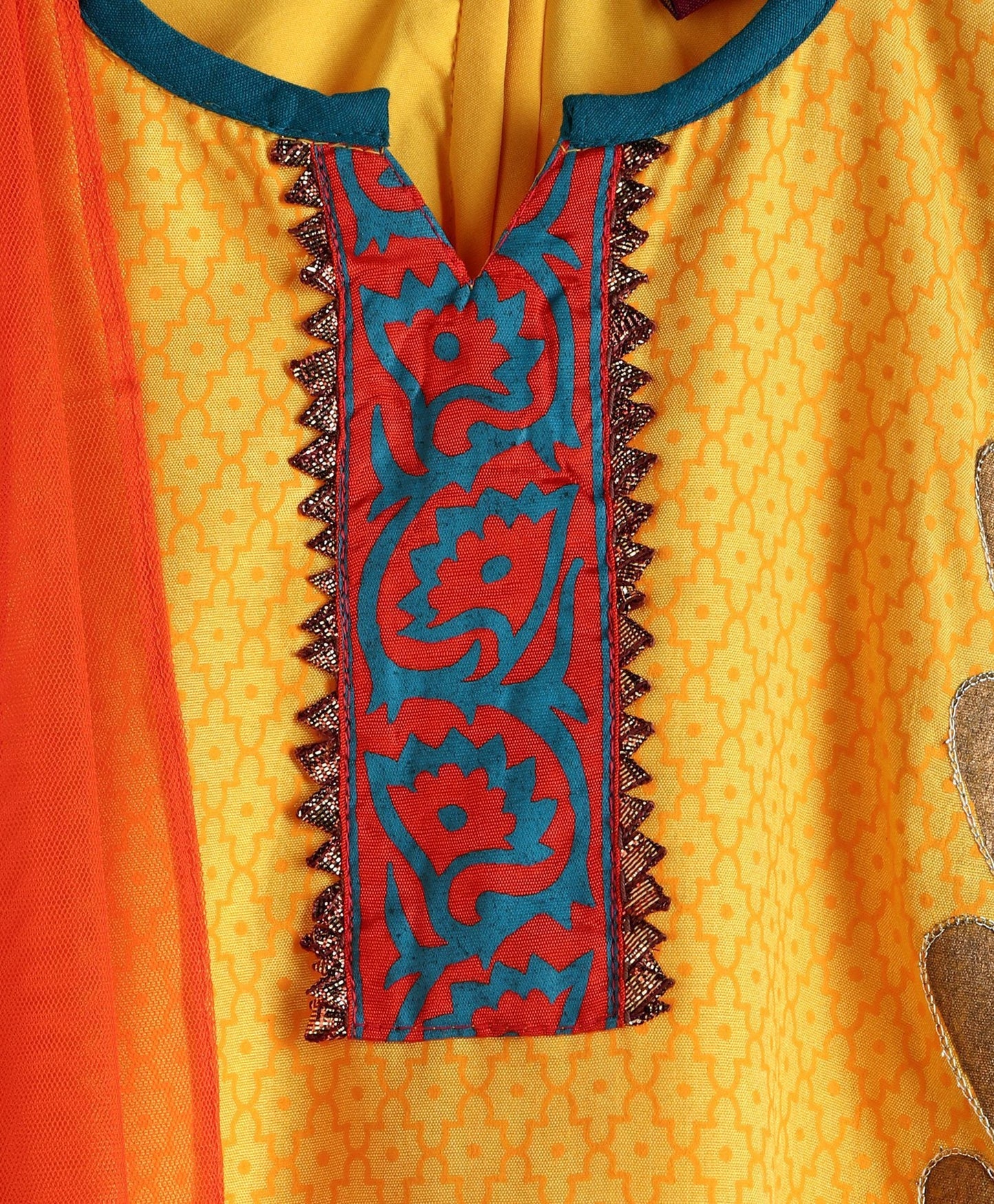 Girls Trendy And Fashionable Color Block Kurta & Churidar With Dupatta- Mustard & Orange