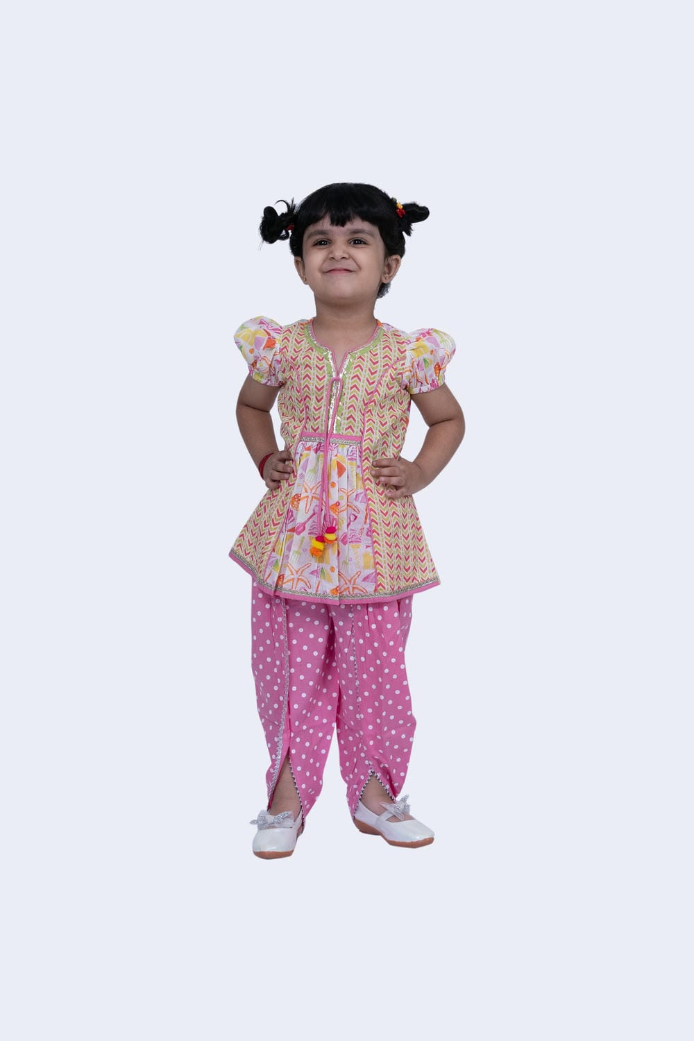Twisha Girls Top & Dhoti Set - White & Pink