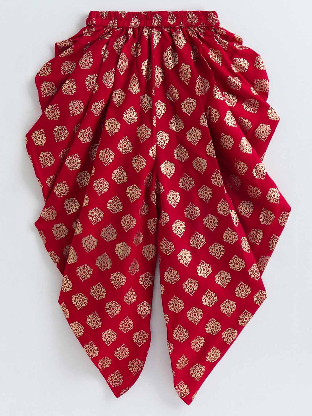 Girls Brocade Top & Designer Dhoti - Red & Beige
