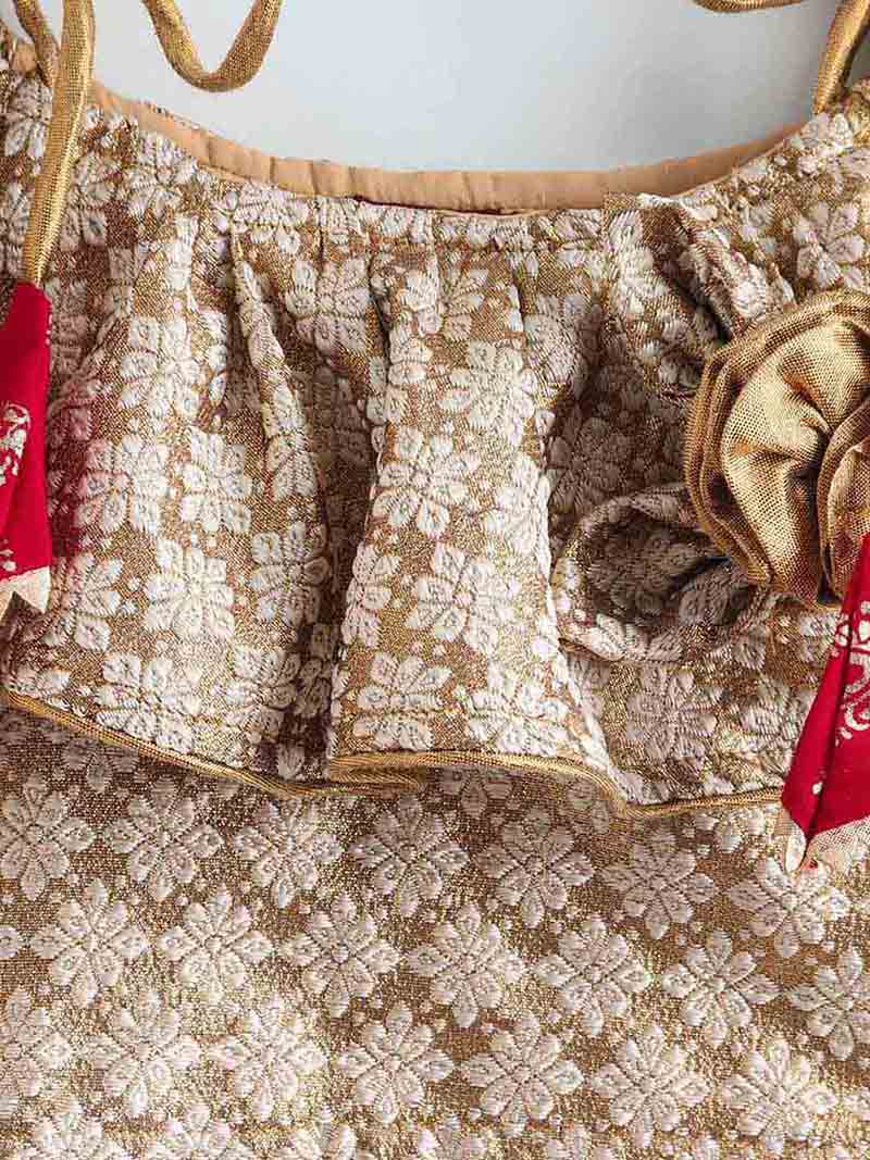 Girls Brocade Top & Designer Dhoti - Red & Beige