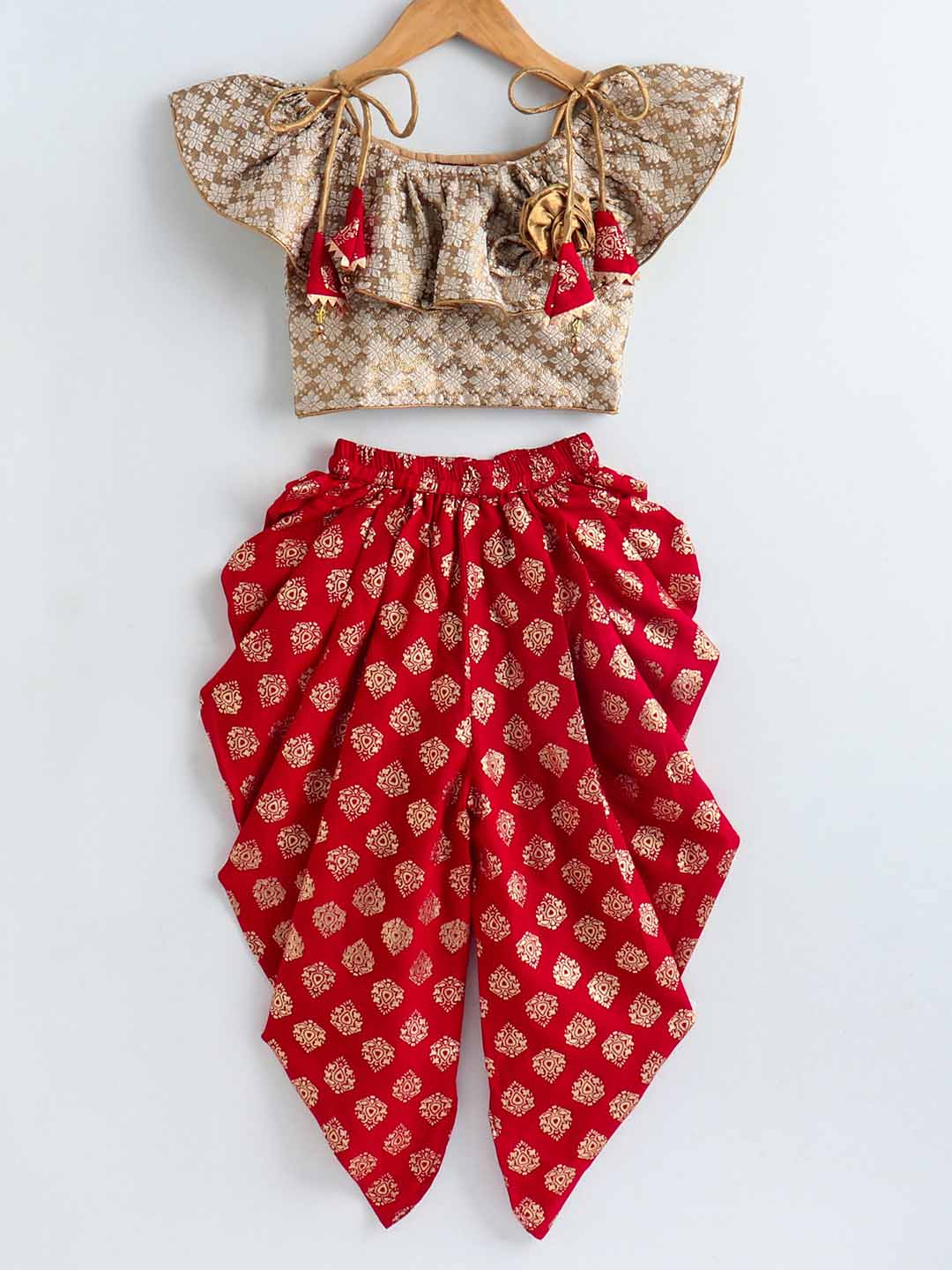 Girls Brocade Top & Designer Dhoti - Red & Beige