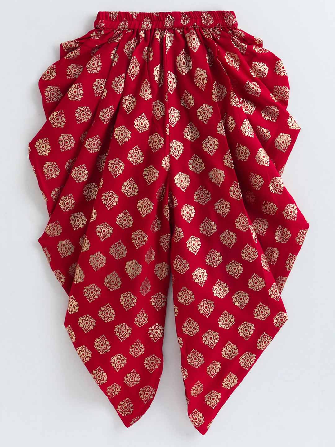 Girls Brocade Top & Designer Dhoti - Red & Beige