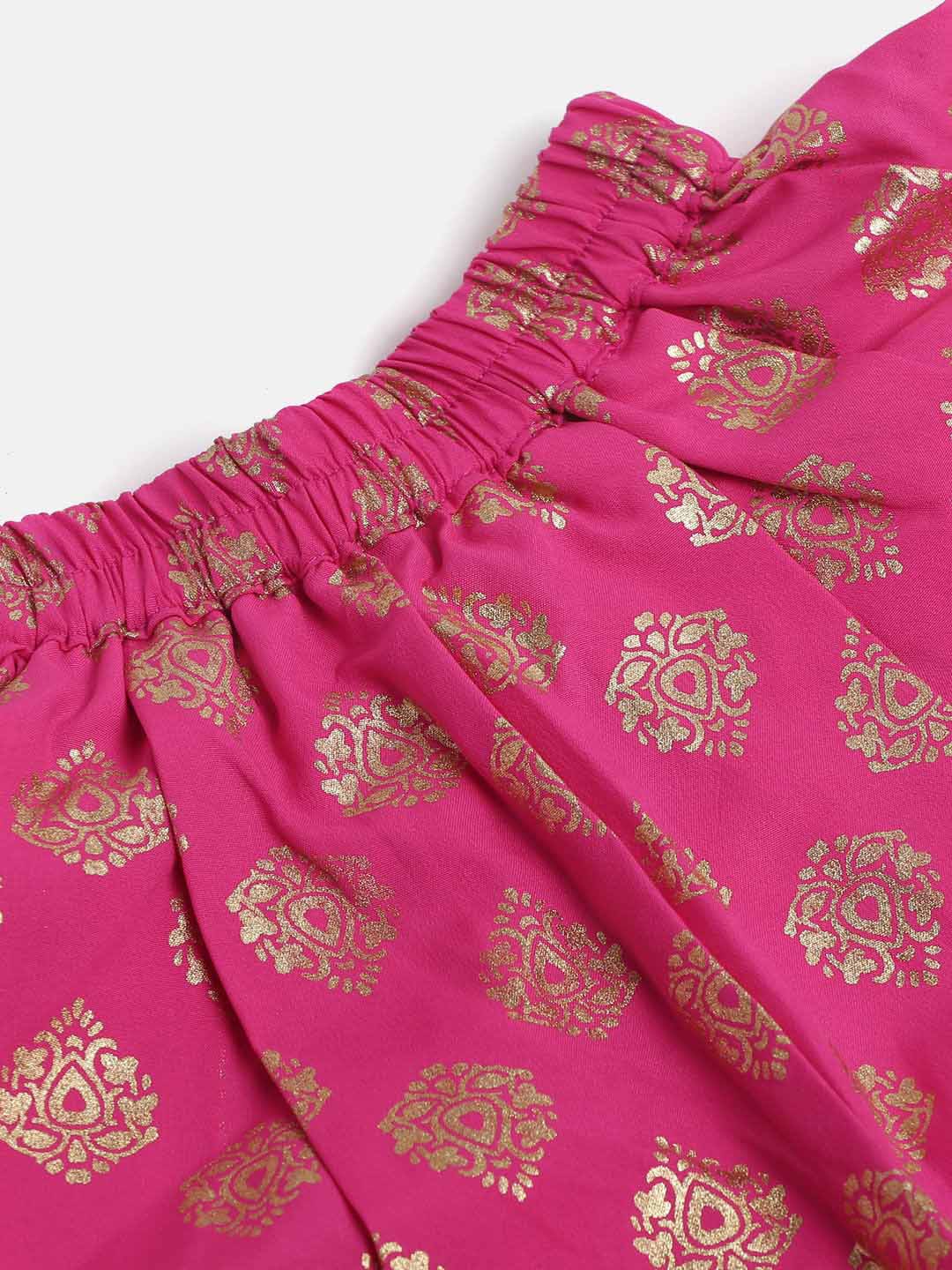 Girls Printed Top & Designer Dhoti - Green & Pink