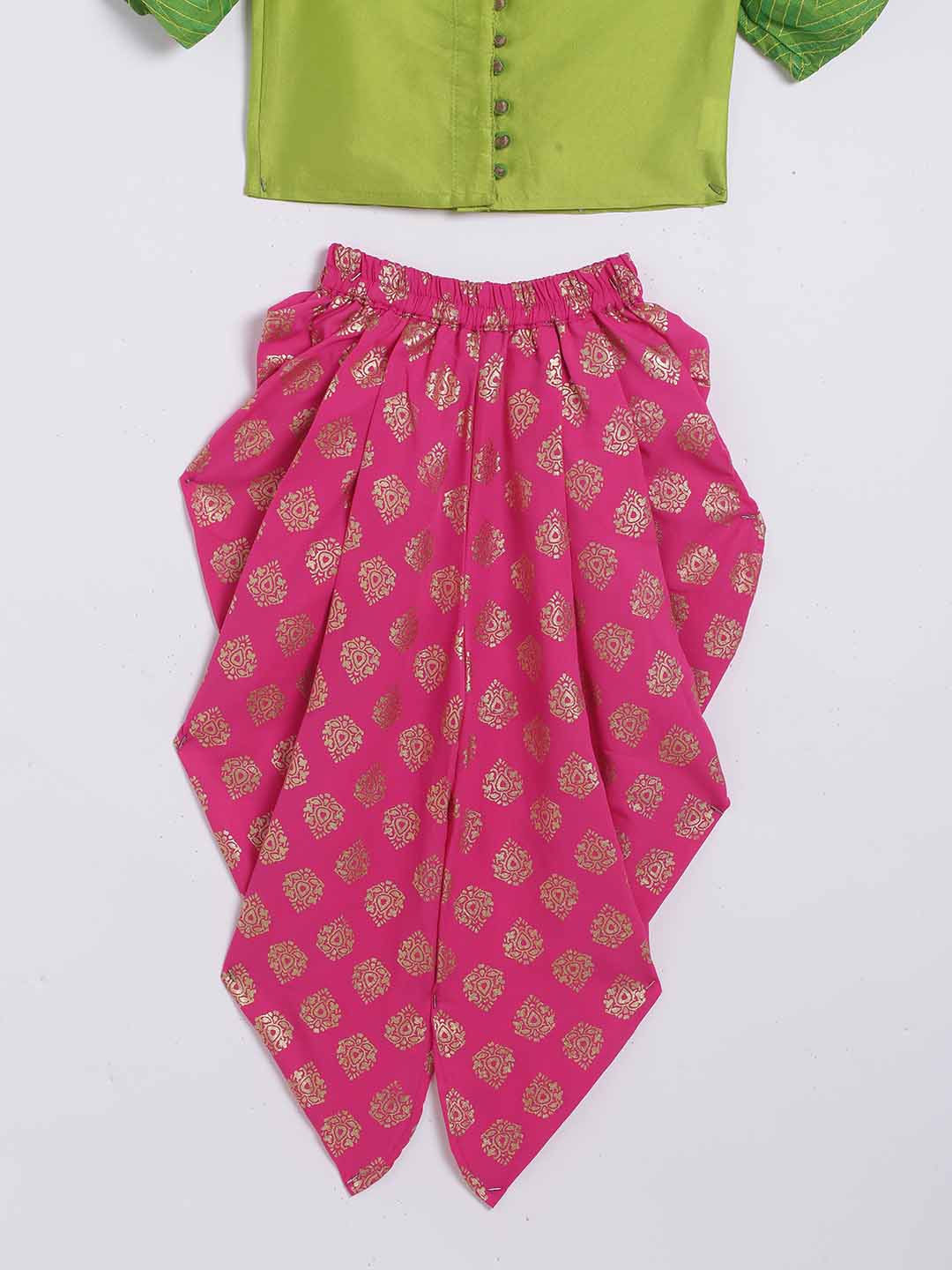 Girls Printed Top & Designer Dhoti - Green & Pink