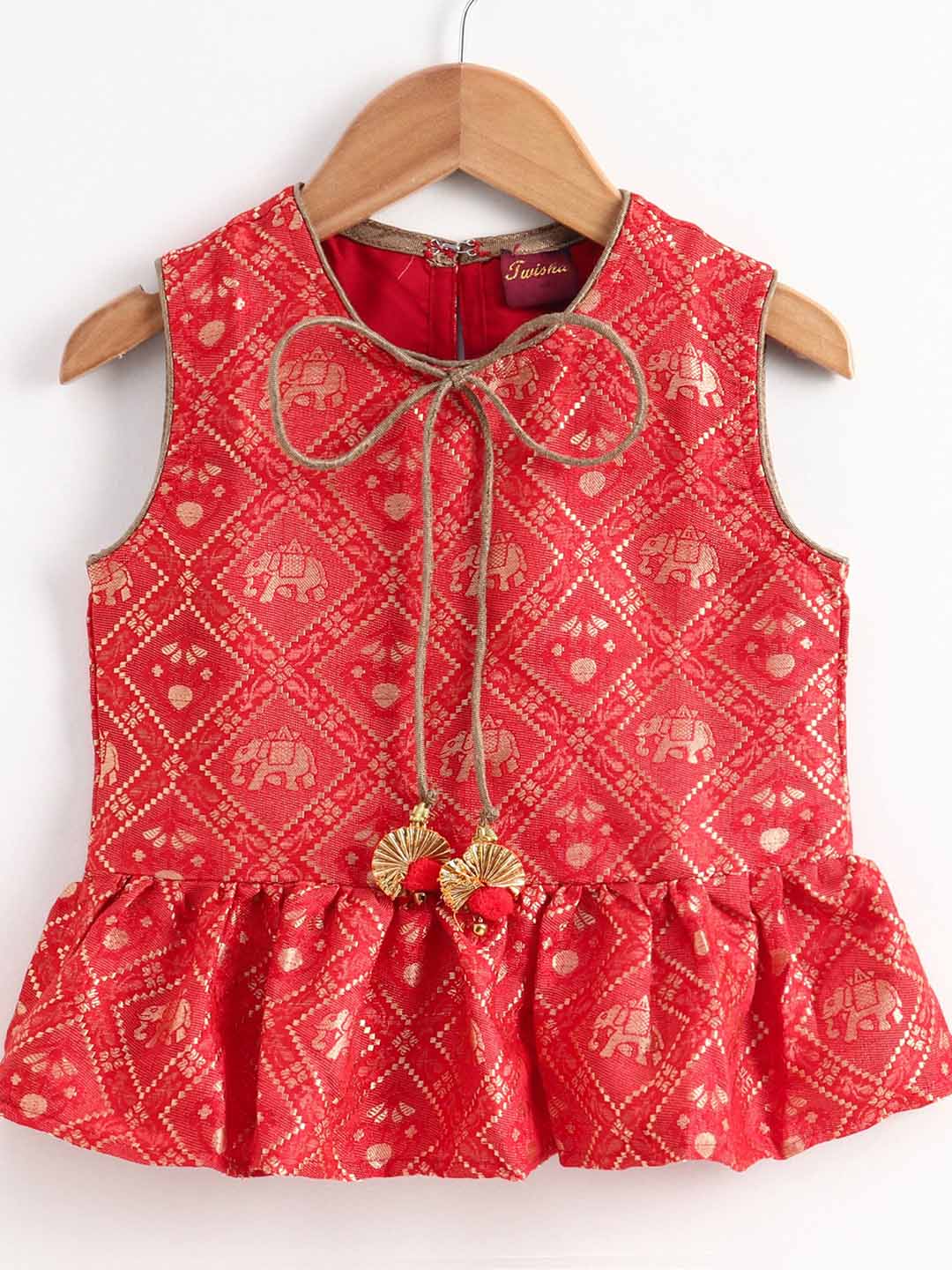 Sleeveless Top With Designer Dhoti - Red & Green