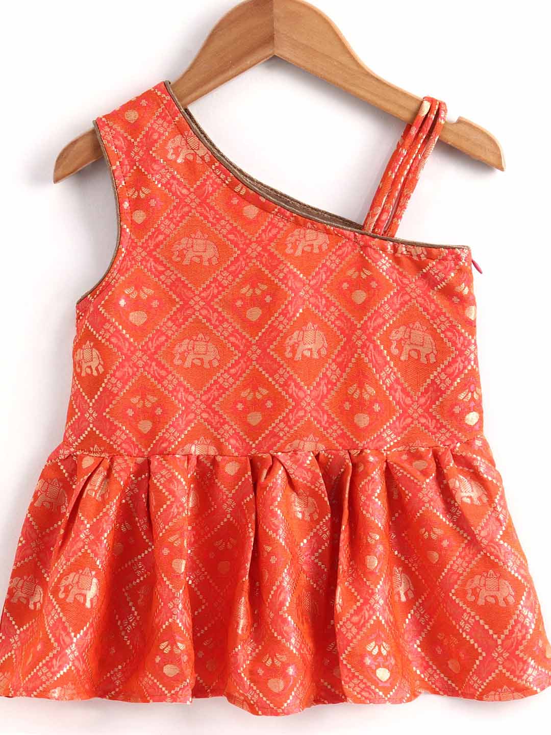 Twisha Sleeveless Brocade Asymmetrical Neck Top With Dhoti- Orange & Pink