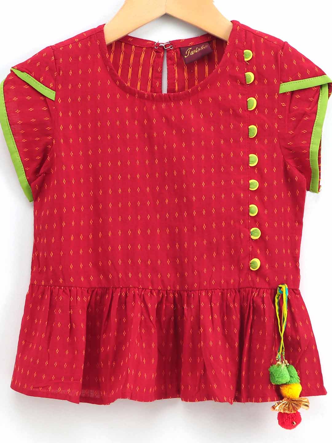 Short Sleeves Potli Button Decorated Top With Dhoti - Red & Green