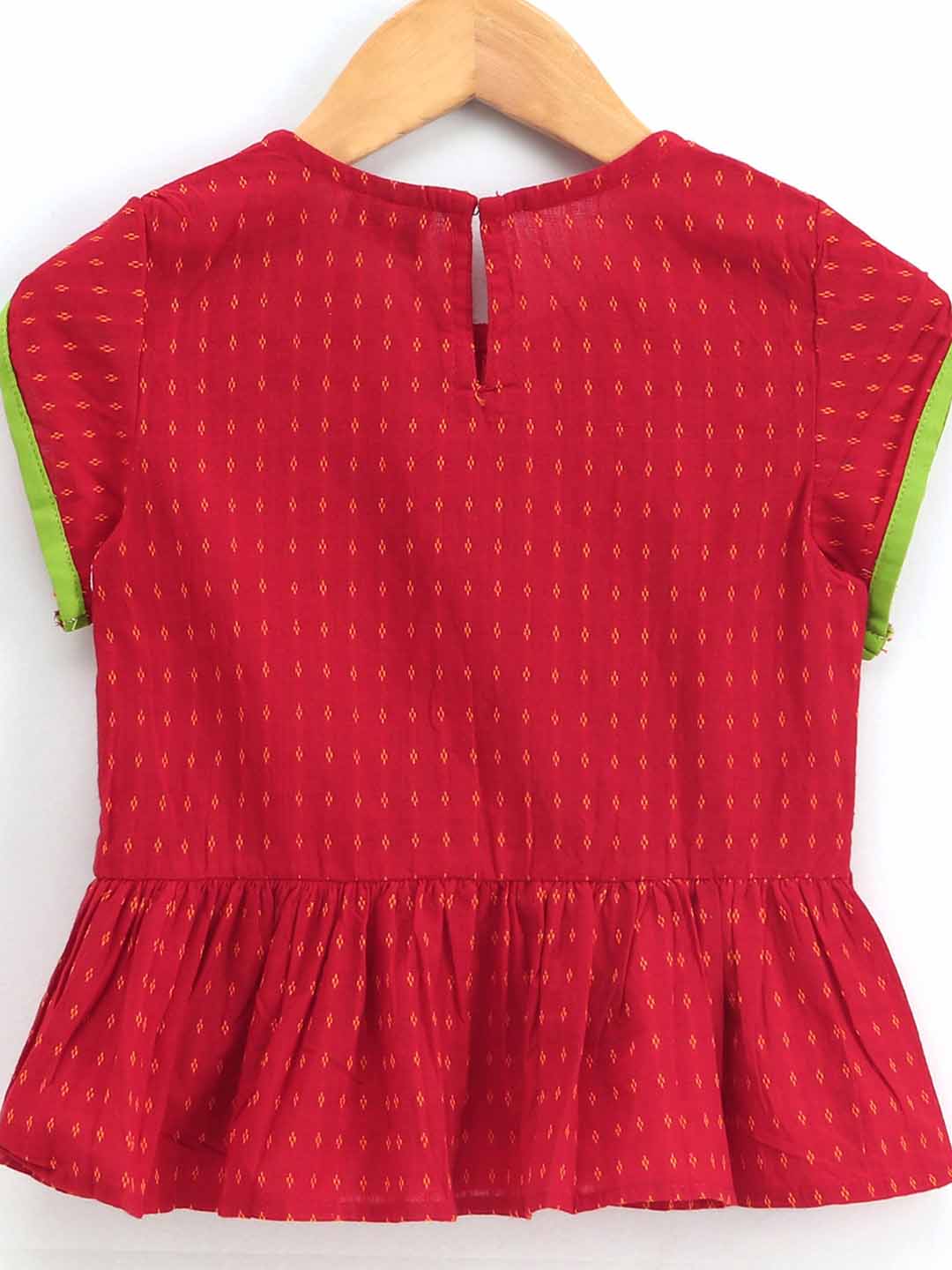 Short Sleeves Potli Button Decorated Top With Dhoti - Red & Green