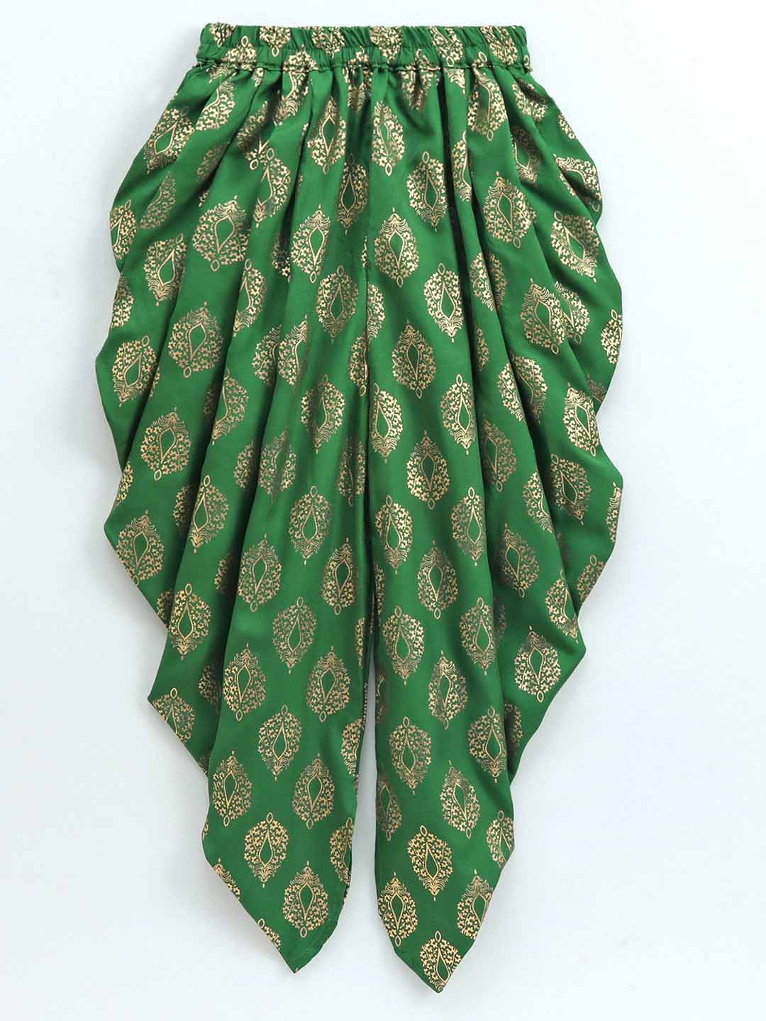 Short Sleeves Potli Button Decorated Top With Dhoti - Red & Green