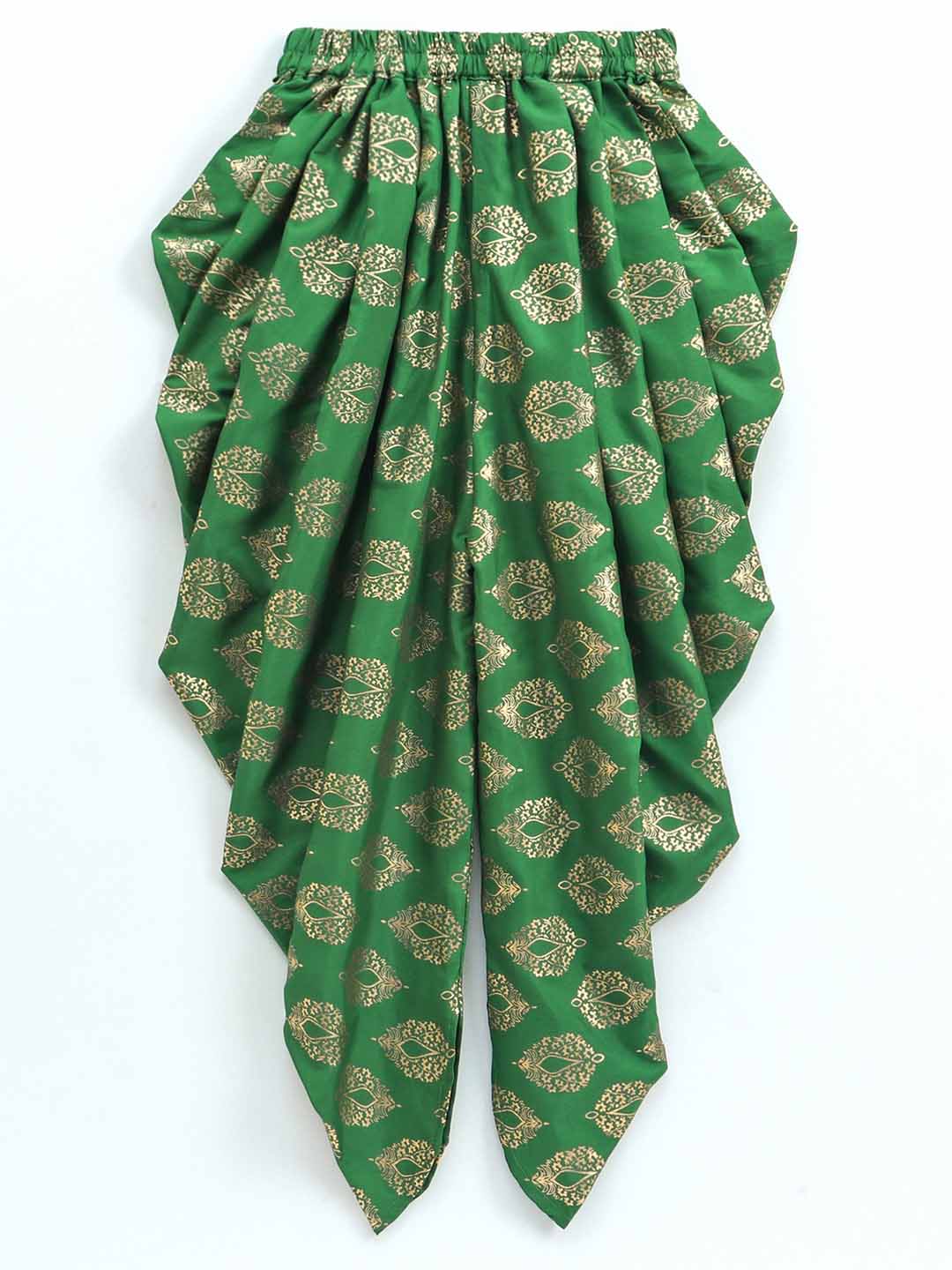 Short Sleeves Potli Button Decorated Top With Dhoti - Red & Green