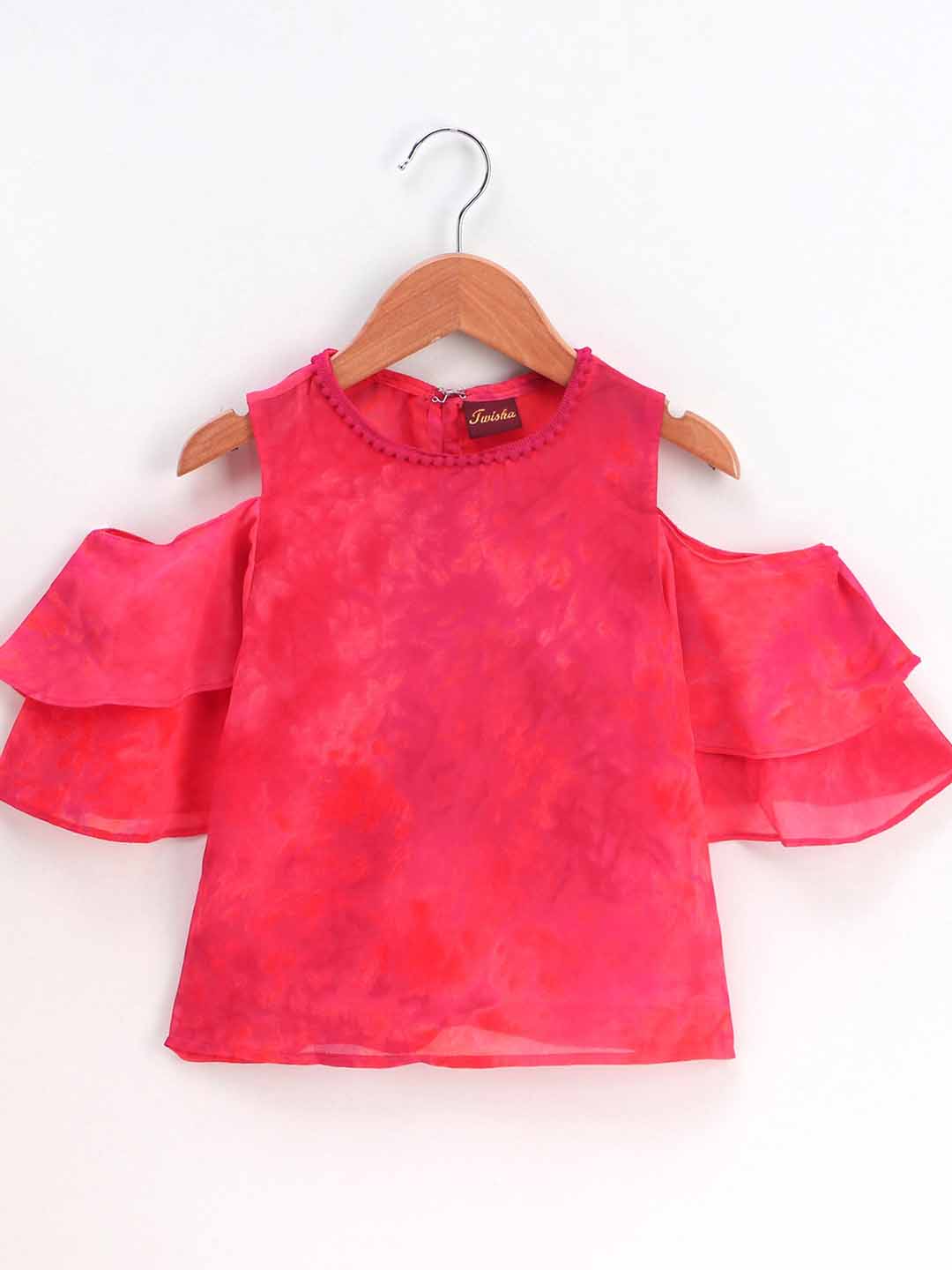 Printed Cold Shoulder Half Sleeves Top With Dhoti - Pink & Yellow