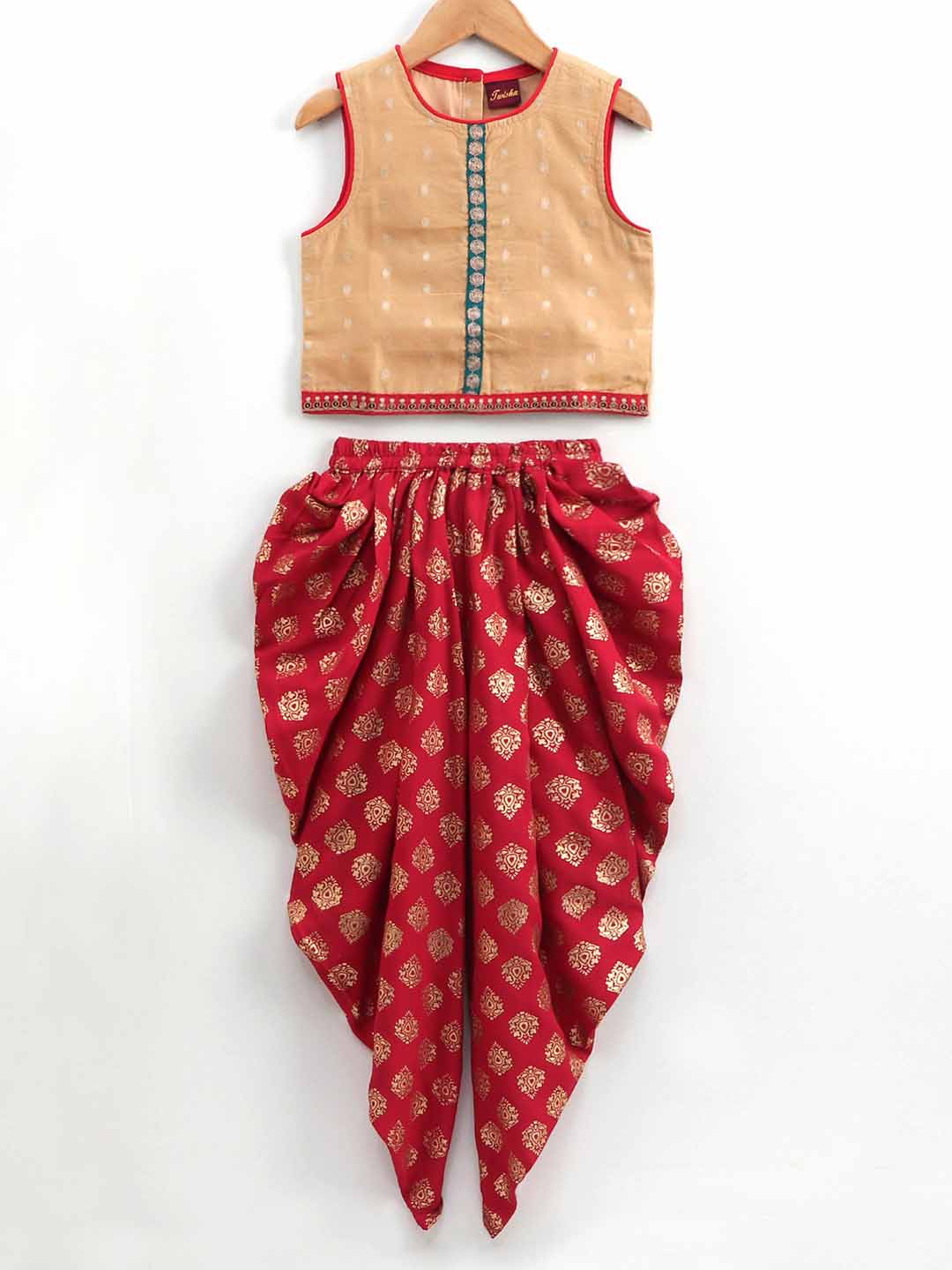 Sleevless Polka Dot Pattern Top With Dhoti- Beige & Maroon