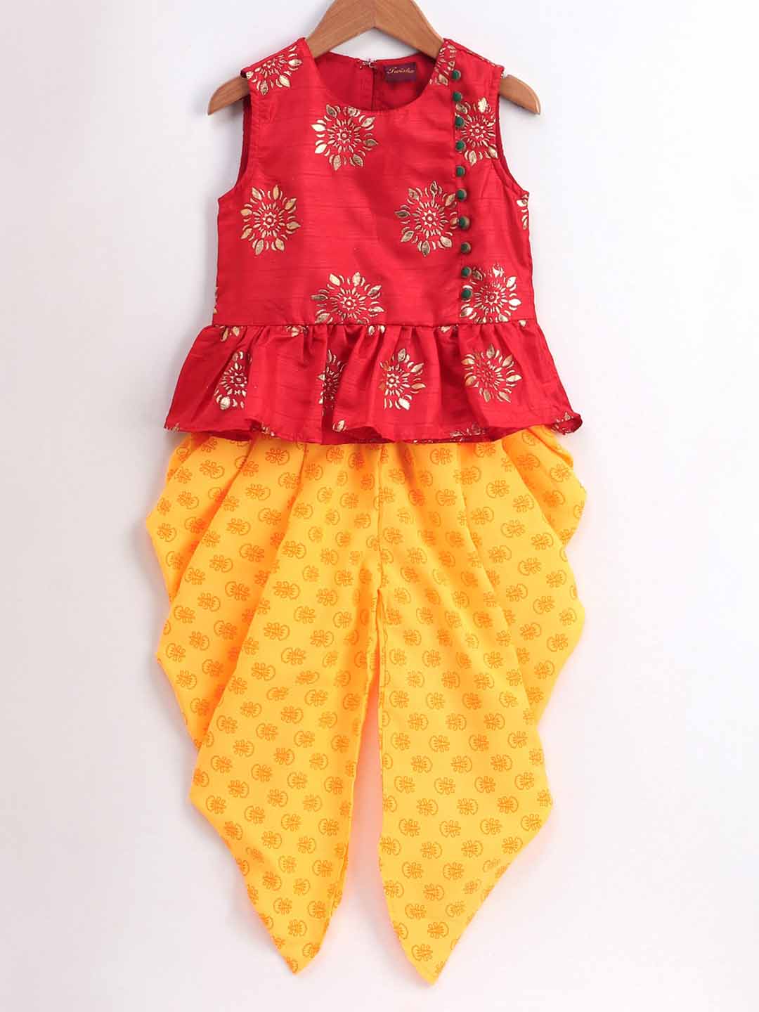 Gold Print Peplum Top With Floral Gold Print Dhoti - Red & Yellow