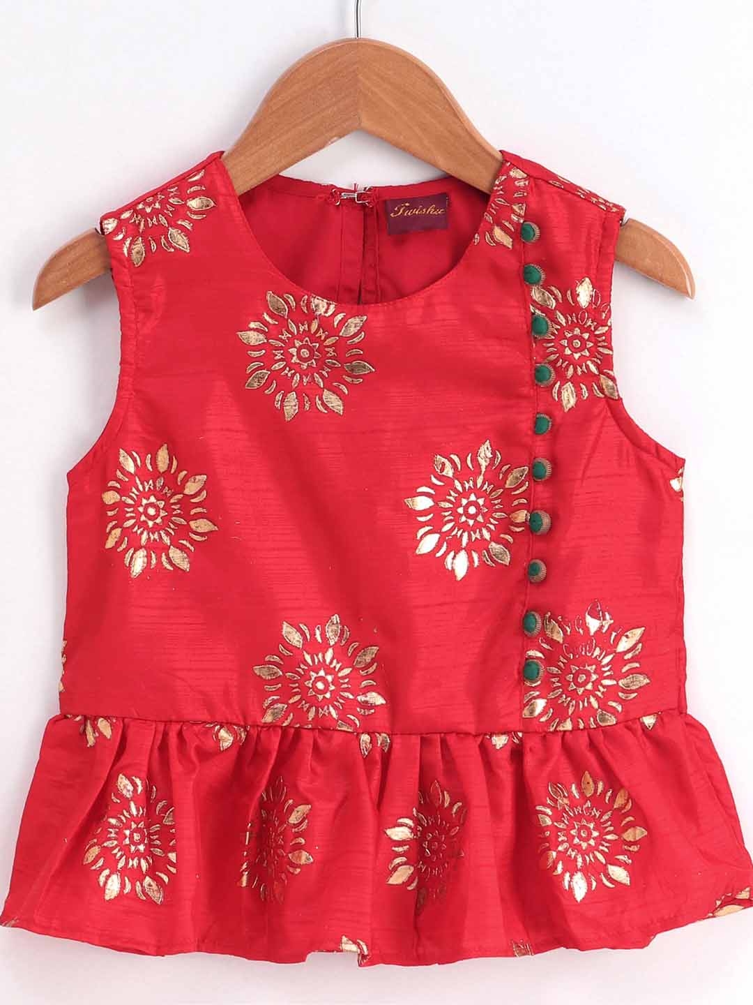 Gold Print Peplum Top With Floral Gold Print Dhoti - Red & Yellow