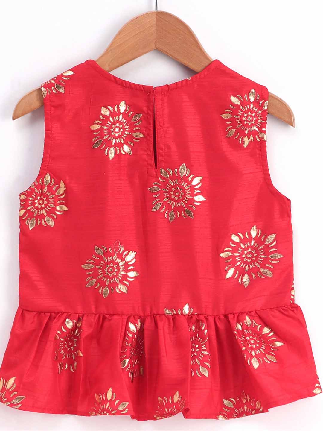 Gold Print Peplum Top With Floral Gold Print Dhoti - Red & Yellow